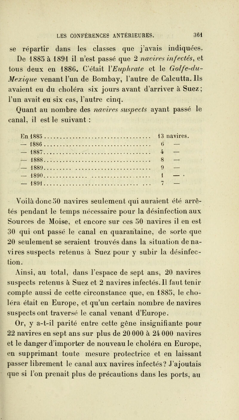 se répartir dans les classes que j'avais indiquées. De 1885 à 1891 il n'est passé que 2 navires infectés, et tous deux en 1886. C'était VEiiphrate et le Golfe-du- Mexique venant l'un de Bombay, l'autre de Calcutta. Ils avaient eu du choléra six jours avant d'arriver à Suez ; l'un avait eu six cas, l'autre cinq. Quant au nombre des navires suspects ayant passé le canal, il est le suivant : En 1885 13 navires. — 1886 6 — — 1887 4 — — 1888 8 — — 1889 9 — — 1890 1 — • — 1891 7 — Voilà donc 50 navires seulement qui auraient été arrê- tés pendant le temps nécessaire pour la désinfection aux Sources de Moise, et encore sur ces 50 navires il en est 30 qui ont passé le canal en quarantaine, de sorte que 20 seulement se seraient trouvés dans la situation de na- vires suspects retenus à Suez pour y subir la désinfec- tion. Ainsi, au total, dans l'espace de sept ans, 20 navires suspects retenus à Suez et 2 navires infectés. Il faut tenir compte aussi de cette circonstance que, en 1885, le cho- léra était en Europe, et qu'un certain nombre de navires suspects ont traversé le canal venant d'Europe. Or, y a-t-il parité entre cette gêne insignifiante pour 22 navires en sept ans sur plus de 20 000 à 24 000 navires et le danger d'importer de nouveau le choléra en Europe, en supprimant toute mesure protectrice et en laissant passer librement le canal aux navires infectés? J'ajoutais que si l'on prenait plus de précautions dans les ports, au