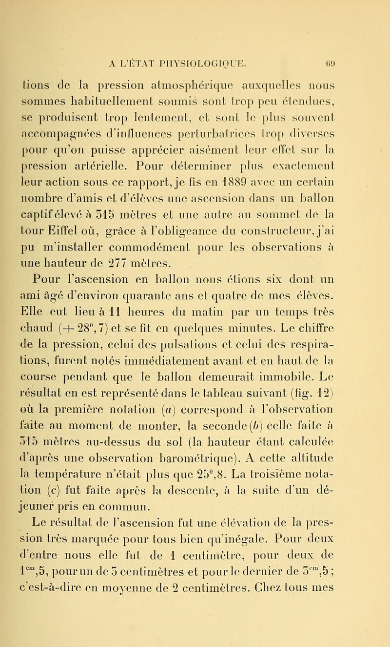 Lions de la pression atmosphérique auxquelles nous sommes habituellement soumis sont trop peu étendues, se produisent trop lentement, et sont le plus souvent accompag-nées d'influences perturbatrices trop diverses pour qu'on puisse apprécier aisément leur effet sur la pression artérielle. Pour déterminer plus exactement leur action sous ce rapport, je fis en 1889 avec un certain nombre d'amis et d'élèves une ascension dans un ballon captif élevé à 515 mètres et une autre au sommet de la tour Eiffel où, grâce à l'obligeance du constructeur, j'ai pu m'installer commodément pour les observations à une hauteur de 277 mètres. Pour l'ascension en ballon nous étions six dont un ami âgé d'environ quarante ans et quatre de mes élèves. Elle eut lieu à 11 heures du matin par un temps très chaud (+28, 7) et se fit en quelques minutes. Le chiffre de la pression, celui des pulsations et celui des respira- tions, furent notés immédiatement avant et en haut de la course pendant que le ballon demeurait immobile. Le résultat en est représenté dans le tableau suivant (fig. 12) où la première notation (a) correspond à l'observation faite au moment de monter, la seconde (b) celle faite à 515 mètres au-dessus du sol (la hauteur étant calculée d'après une observation barométrique). A cette altitude la température n'était plus que 25°,8. La troisième nota- tion (c) fut faite après la descente, à la suite d'un dé- jeuner pris en commun. Le résultat de l'ascension fut une élévation de la pres- sion très marquée pour tous bien qu'inégale. Pour deux d'entre nous elle fut de 1 centimètre, pour deux de l',5, pour un de 5 centimètres et pour le dernier de 5',5 ; c'est-à-dire en moyenne de 2 centimètres. Chez tous mes