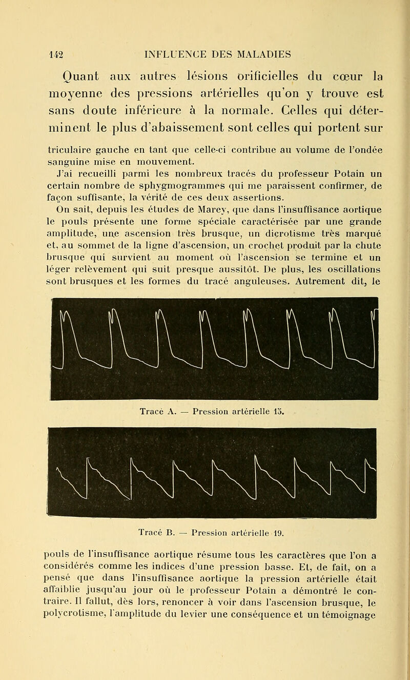 Quant aux autres lésions orificielles du cœur la moyenne des pressions artérielles qu'on y trouve est sans doute inférieure à la normale. Celles qui déter- minent le plus d'abaissement sont celles qui portent sur triculaire gauche en tant que celle-ci contribue au volume de l'ondée sanguine mise en mouvement. J'ai recueilli parmi les nombreux tracés du professeur Potain un certain nombre de sphygmogrammes qui me paraissent confirmer^ de façon suffisante, la vérité de ces deux assertions. On sait, depuis les études de Marey, que dans l'insuffisance aortique le pouls présente une forme spéciale caractérisée par une grande amplitude, un.e ascension très brusque, un diçrotisme très marqué et, au sommet de la ligne d'ascension, un crochet produit par la chute brusque qui survient au moment où l'ascension se termine et un léger relèvement qui suit presque aussitôt. De plus, les oscillations sont brusques et les formes du tracé anguleuses. Autrement dit, le Pression artérielle 13. Tracé B. — Pression artérielle 19. pouls de l'insuffisance aortique résume tous les caractères que l'on a considérés comme les indices d'une pression basse. Et, de fait, on a pensé que dans l'insuffisance aortique la pression artérielle était afiaiblie jusqu'au jour où le professeur Potain a démontré le con- traire. Il fallut, dès lors, renoncer à voir dans l'ascension brusque, le polycrotisme, l'amplitude du levier une conséquence et un témoignage