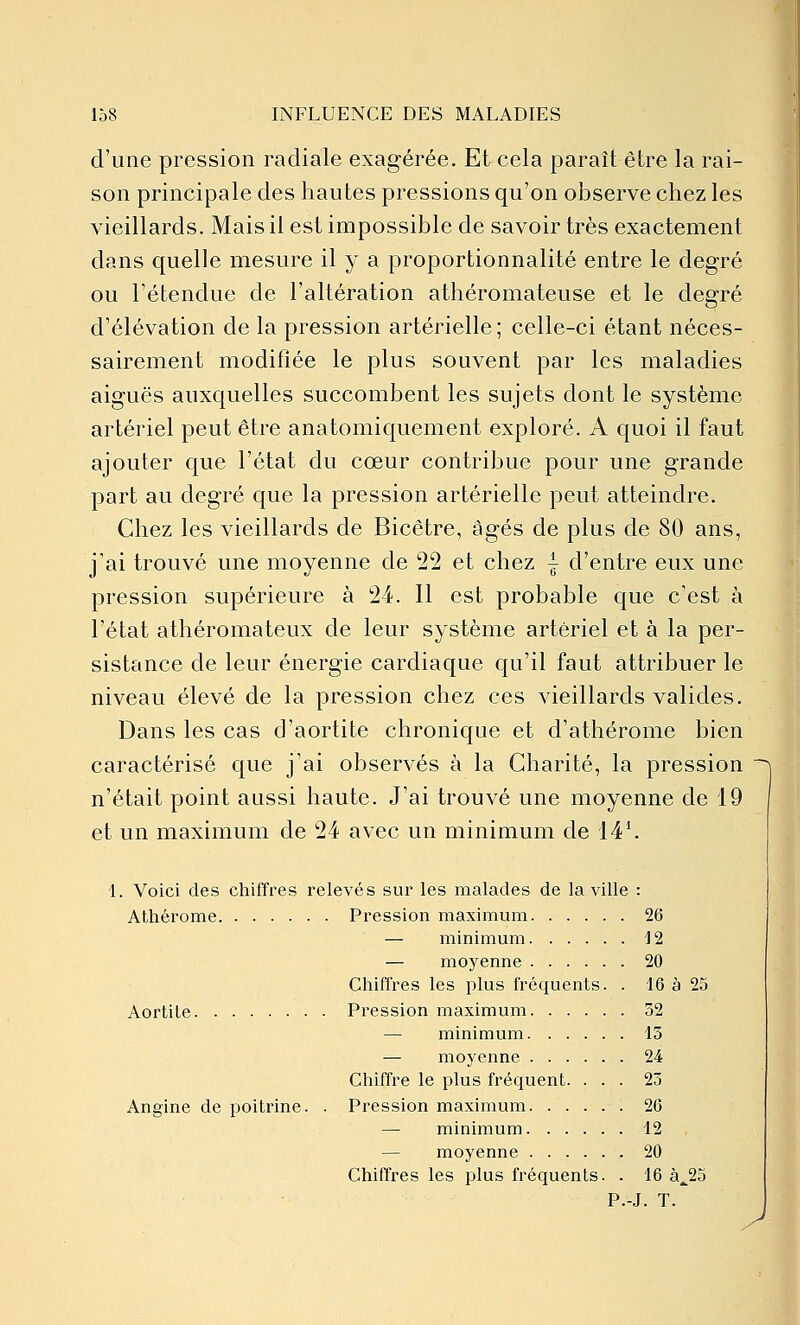 d'une pression radiale exagérée. Et cela paraît être la rai- son principale des hautes pressions qu'on observe chez les vieillards. Mais il est impossible de savoir très exactement dans quelle mesure il y a proportionnalité entre le degré ou l'étendue de l'altération athéromateuse et le degré d'élévation de la pression artérielle; celle-ci étant néces- sairement modifiée le plus souvent par les maladies aiguës auxquelles succombent les sujets dont le système artériel peut être anatomiquement exploré. A quoi il faut ajouter que l'état du cœur contribue pour une grande part au degré que la pression artérielle peut atteindre. Chez les vieillards de Bicêtre, âgés de plus de 80 ans, j'ai trouvé une moyenne de 22 et chez | d'entre eux une pression supérieure à 24. Il est probable que c'est à l'état athéromateux de leur système artériel et à la per- sistance de leur énergie cardiaque qu'il faut attribuer le niveau élevé de la pression chez ces vieillards valides. Dans les cas d'aortite chronique et d'athérome bien caractérisé que j'ai observés à la Charité, la pression n'était point aussi haute. J'ai trouvé une moyenne de 19 et un maximum de 24 avec un minimum de 14^ 1. Voici des chiffres relevés sur les malades de la ville : Athérome Pression maximum 26 — minimum ^2 — moyenne 20 Chiffres les plus fréquents. . 16 à 25 Aortite • Pression maximum 32 — minimum 13 — moyenne 24 Chiffre le plus fréquent. ... 25 Angine de poitrine. . Pression maximum 26 — minimum 12 — moyenne 20 Chiffres les plus fréquents. . 16 à^25 P.-J. T. y^