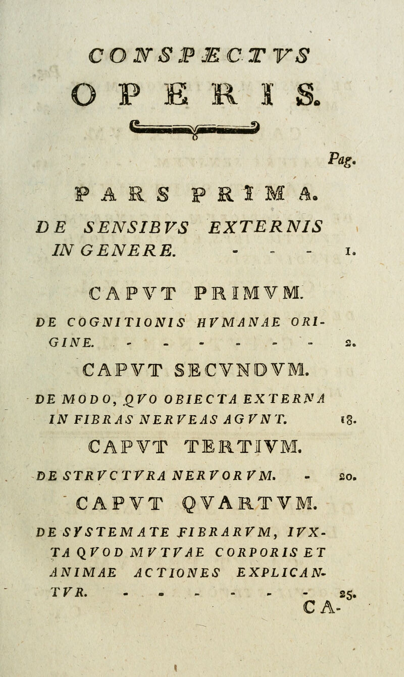 COWS3PMCTVS O F E Pag. F A R. S F R 1 DE SENSIBVS EXTERNIS IN GENERE. i. CAPVT PRIMYM. DE COGNITIONIS HVMANAE ORI- GINE. - CAPVT SECVNOVM. DE MODO, QVO OBIECTA EXTERNA IN FIBRAS NERVEAS AGVNT. ig. CAPVT TERTIVM. DE STRVCTVRA NERVORVM. - so. CAPVT QVARTVM. DE SrSTEMATE FIBRARVM, IVX- TA Q_VOD MVTVAE CORPORIS ET ANIMAE ACTIONES EXPLICAN- TVR. - .:,*.:- - - - ss.