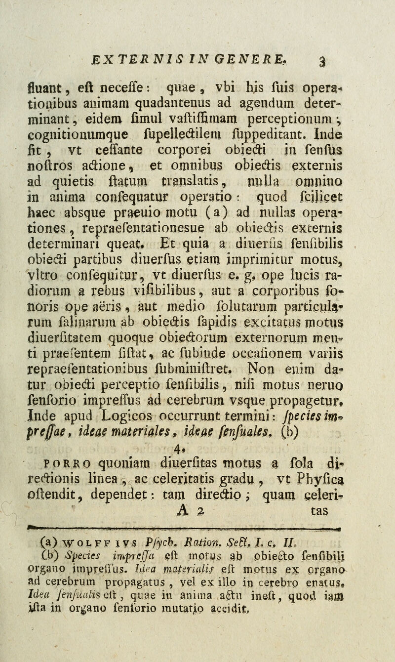 fluatit, eft neceffe: quae , vbi hjs fuis opera* tionibus auimam quadantenus ad agendum deter- minant, eidem fimul vaftiffimam perceptionum -, cognitionumque fupelie&ilem fuppeditant. Inde fit , vt ceffante corporei obiedti in fenfus noftros adione, et omnibus obie&is externis ad quietis ftatum translatis, nulJa omwino in anima confequatur operatio. quod fcijicet haec absque pr_*euio motu (a) ad nullas opera- tiones, repraefentationesue ab obie&is externis determinari queat. Et quia a diuerils fenfibilis obiedi partibus diuerfus etiam imprimitur motus, vitro confequitur 5 vt diuerfus e. g. ope lucis ra- diorum s rebus viiibilibus, aut a corporibus fo- noris ope aeris, aut medio fblutarum particuls- rum falmarum ,ab obie&is fapidis excitatus motus diuerfitatem quoque obieclorum externorum men* ti praeientem fiftat, ac fubinde occafionem variis repraeientationibus fubmiiiiftret. Non enim da- tur obie&i perceptio fenfibilis 9 nifi motus neruo fenforio impreffus ad cerebrum vsque propagetur, Inde apud Logicos occurrunt termini: Jpeciesim* preffae, idcae matermles, ideae fenfuales, (b) porro quonlam diuerfitas motus a fola di« xeftionis linea , ac celeritatis gradu , vt Pbyfic^ oftendit ? depeiidet; tam direclio ; quatn eeleri* A 2 tas (a)woLFF 1 y s Pjycb, Ration, Se&, J. c, Ih £b) Species impreffa eft mottf.s ab pbie&o fenfiblli organo impreirus. Idea materUUis e/t mptus ex prgana a.d cerebrum prppagatus, yel ex illo in cerebrp enatus, Idea fenfaalis ei\, quae in anima aetu ineft, quod ia9l ifta in organo fenlbrio mutatjio acci_.it.