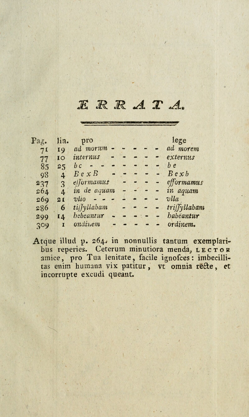 jEi tK «K. *dL jl *&9 pro lege ad morum - - - - - ad morem internus ----- externus bc -..---..-;-.■- b.e BexB Bexb ejjbrmamus - - - - ejformamus in de aquam -■ - - - in aquam i)Uo _ - - - - - - vlla tijjyllabam - - - - trijjyllabam bebedntur - - - - - habeantur ondinem ----- ordinem. Atque illud p. 264^ in nonnullis tantum exemplari- bus reperies. Ceterum minutiora menda^ lector amice, pro Tua lenitate, facile ignofces: imbecilli- tas enim humana vix patitur, vt omnia re&e, et incorrupte excudi queant. Pa*. lia. 7* 19 77 10 85 25 98 4 237 3 264 4 269 21 286 6 299 14 3°9 1