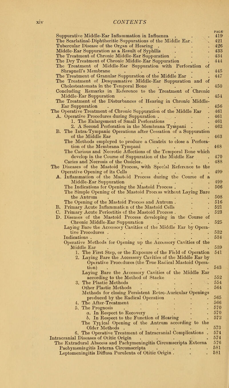 PAGE Suppurative Middle-Ear Inflammation in Influenza . . . 419 The Scarlatinal-Diphtheritic Suppurations of the Middle Ear . . 421 Tubercular Disease of the Organ of Hearing .... 426- Middle-Ear Suppuration as a Result of Syphilis . . . 433 The Treatment of Chronic Middle-Ear Suppuration . . . 434 The Dry Treatment of Chronic Middle-Ear Suppuration . . 444 The Treatment of Middle-P]ar Suppuration with Perforation of Shrapnell's Membrane ...... 445 The Treatment of Granular Suppuration of the Middle Ear . .447 The Treatment of Desquamative Middle-Ear Suppuration and of Cholesteatomata in the Temporal Bone .... 450 Concluding Remarks in Reference to the Treatment of Chronic Middle-Ear Suppuration ...... 454 The Treatment of the Disturbances of Hearing in Chronic Middle- Ear Suppuration ....... 456 The Operative Treatment of Chronic Suppuration of the Middle Ear . 461 A. Operative Procedures during Suppuration . . , .461 1. The Enlargement of Small Perforations . . . 461 2. A Second Perforation in the Membrana Tympani . . 462 B. The Intra-Tympanic Operations after Cessation of a Suppuration of the Middle Ear . . . . . .463 The Methods employed to produce a Cicatrix to close a Perfora- tion of the Membrana Tympani . . . .468 The Carious and Necrotic Affections of the Temporal Bone which develop in the Course of Suppuration of the Middle Ear . 470 Caries and Necrosis of the Ossicles. .... 488 The Diseases of the Mastoid Process, with Special Reference to the Operative Opening of its Cells ..... 499 A. Inflammation of the Mastoid Process during the Course of a Middle-Ear Suppuration . . . . .499 The Indications for Opening the Mastoid Process . . . 506 The Simple Opening of the Mastoid Process without Laying Bare the Antrum ....... 508 The Opening of the Mastoid Process and Autrum . . . 516 B. Primary Acute Inflammatien of the Mastoid Cells . . 521 C. Primary Acute Periostitis of the Mastoid Process . . . 523 D. Diseases of the Mastoid Process developing in the CourEe of Chronic Middle-Ear Suppuration .... 525 Laving Bare the Accessoiy Cavities of the Middle Ear by Opera- tive Procedures ....... 532 Indications ........ 534 Operative Methods for Opening up the Acctssory Cavities of the Middle Ear . . . . . . .539 1. The First Step, or the Exposure of the Field of Operation 541 2. Laying Bare the Accessory Cavities of the Middle Ear by Operative Proct dures (the True Radical Mastoid Opera- tion) . . . - . . .543 Laying Bare the Accessory Cavities of the Middle Ear according to the Method of Stacke . . . 552 3. The Plastic Methods . . . . .554 Other Plastic Methods . . . . .564 Methods for closing Persistent Retro-Auricular Openings produced by the Radical Operation . . . 565 4. The After-Treatment . . . . .566 5. The Prognosis ...... 570 a. In Respect to Recovery .... 570 b. In Respect to the Function of Hearing . . 572 The Tyiical Opening of the Antrum according to the Older Methods . . . . . .573 6. The Operative Treatment of Intracranial Complications . 574 Intracranial Diseases of Otitic Origin ..... 574 The Extradural Abscess and Pachymeningitis Circumscripta Externa 576 Pachymeningitis Interna Circumscripta .... 581 Leptomeningitis Diffusa Purulenta of Otitic Origin . . . 581