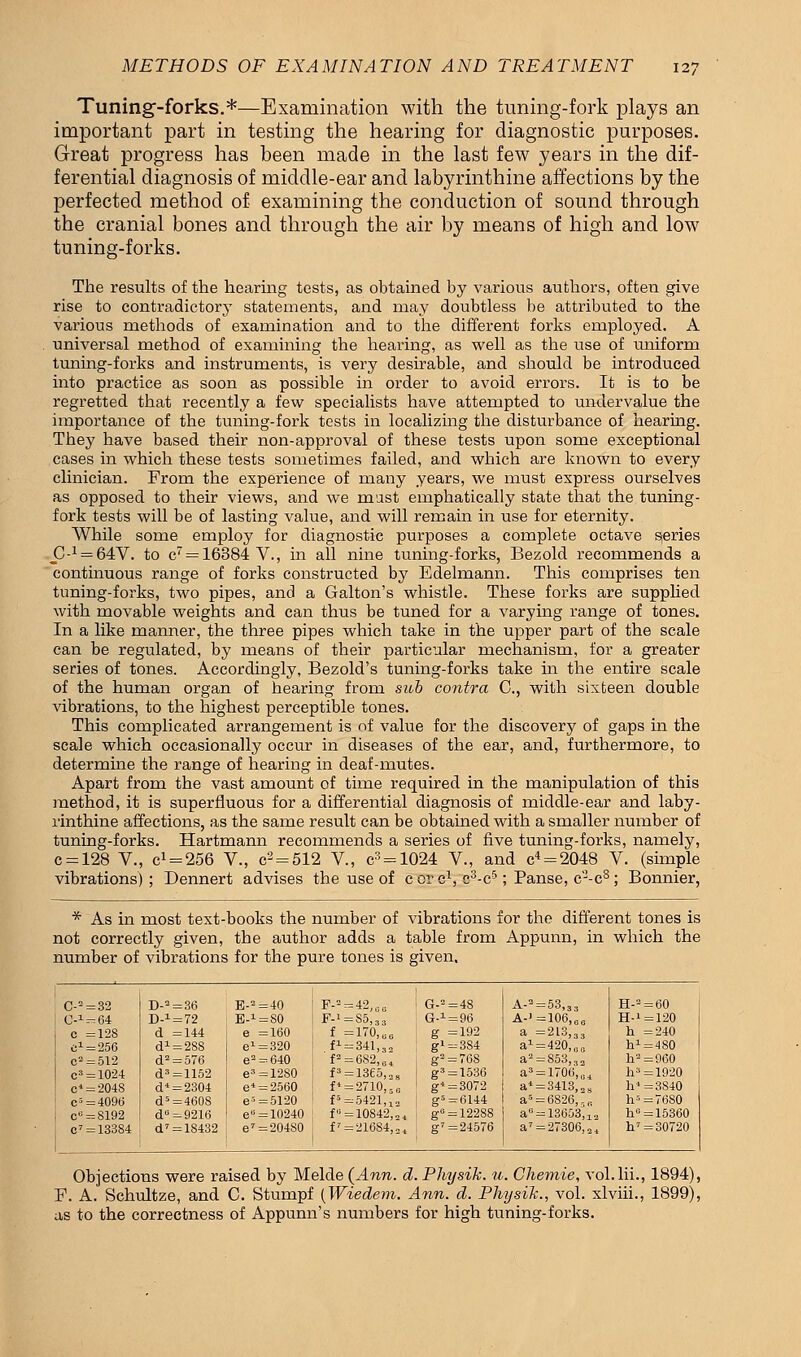 Tuning-forks.*—Examination with the tuning-fork plays an important part in testing the hearing for diagnostic purposes. Great progress has been made in the last few years in the dif- ferential diagnosis of middle-ear and labyrinthine affections by the perfected method of examining the conduction of sound through the cranial bones and through the air by means of high and low tuning-forks. The results of the hearing tests, as obtained by various authors, often give rise to contradictory statements, and may doubtless be attributed to the various methods of examination and to the different forks employed. A universal method of examining the hearing, as well as the use of rmiform tuning-forks and instruments, is very desirable, and should be introduced into practice as soon as possible in order to avoid errors. It is to be regretted that recently a few specialists have attempted to undervalue the importance of the tuning-fork tests in localizing the disturbance of hearing. They have based their non-approval of these tests upon some exceptional cases in which these tests sometimes failed, and which are known to every clinician. From the experience of many years, we must express ourselves as opposed to their views, and we mast emphatically state that the tuning- fork tests will be of lasting value, and will remain in use for eternity. While some employ for diagnostic purposes a complete octave series <C-1 = 64V. to c7 = 16384V., in all nine tuning-forks, Bezold recommends a continuous range of forks constructed by Edelmann. This comprises ten tuning-forks, two pipes, and a Galton's whistle. These forks are supplied with movable weights and can thus be tuned for a varying range of tones. In a like manner, the three pipes which take in the upper part of the scale can be regulated, by means of their particular mechanism, for a greater series of tones. Accordingly, Bezold's tuning-forks take in the entire scale of the human organ of hearing from sub contra C, with sixteen double vibrations, to the highest perceptible tones. This complicated arrangement is of value for the discovery of gaps in the scale which occasionally occur in diseases of the ear, and, furthermore, to determine the range of hearing in deaf-mutes. Apart from the vast amount of time required in the manipulation of this method, it is superfluous for a differential diagnosis of middle-ear and laby- rinthine affections, as the same result can be obtained with a smaller number of tuning-forks. Hartmann recommends a series of five tuning-forks, namely, c = 128 V., cJ = 256 V., c2 = 512 V., c3 = 1024 V., and c4 = 2048 V. (simple vibrations) ; Dennert advises the use of c or e1, c3-c5; Panse, c^-c8; Bonnier, * As in most text-books the number of vibrations for the different tones is not correctly given, the author adds a table from Appunn, in which the number of vibrations for the pure tones is given. C-2 = 32 D-a = 36 B-2=40 F-= = 42,00 G-- = 48 A-3 = 53,3, H-2 = 60 C-1-^! D-^72 E-1 = S0 F-1 = S5,33 G-1 = 96 A-]=106,6li H-i = 120 c =128 d =144 e =160 f = 170,e8 g =192 a =213,33 h =240 c1 = 256 d1 = 2SS e1 = 320 ^ = 341,33 gi = 3S4 a1 = 420,UG h1 = 480 c2 = 512 d2 = 576 e2 = 640 f2 = 682,6t gs = 76S a2 = 853,, 3 h3=960 c3 = 1024 d3=1152 e3 = 12S0 f3 = 1365,o8 g3 = 1536 as = 170(i,o4 h3 = 1920 c* = 2048 d4 = 2304 e* = 2560 f1 = 2710,so g* = 3072 a4 = 3413,„s h*=3S40 c>=4096 d5 = 4608 e'=5120 f5=5421;1n gs = 6144 a5 = 6826,,0 h==7680 c,i = 8192 dG=9216 e° =10240 fB= 10842,21 g° = 12288 a° = 13653, la h° = 15360 c7 = 13384 d7 = 18432 e7 = 20480 f7 = 21684,„4 g7 =24576 a7 = 27306,2 4 h7 =30720 Objections were raised by Melde {Ann. d. Physik. u. Chemie, vol.lii., 1894), F. A. Schultze, and C. Stumpf (Wiedem. Ann. d. Physik., vol. xlviii., 1899), as to the correctness of Appunn's numbers for high tuning-forks.