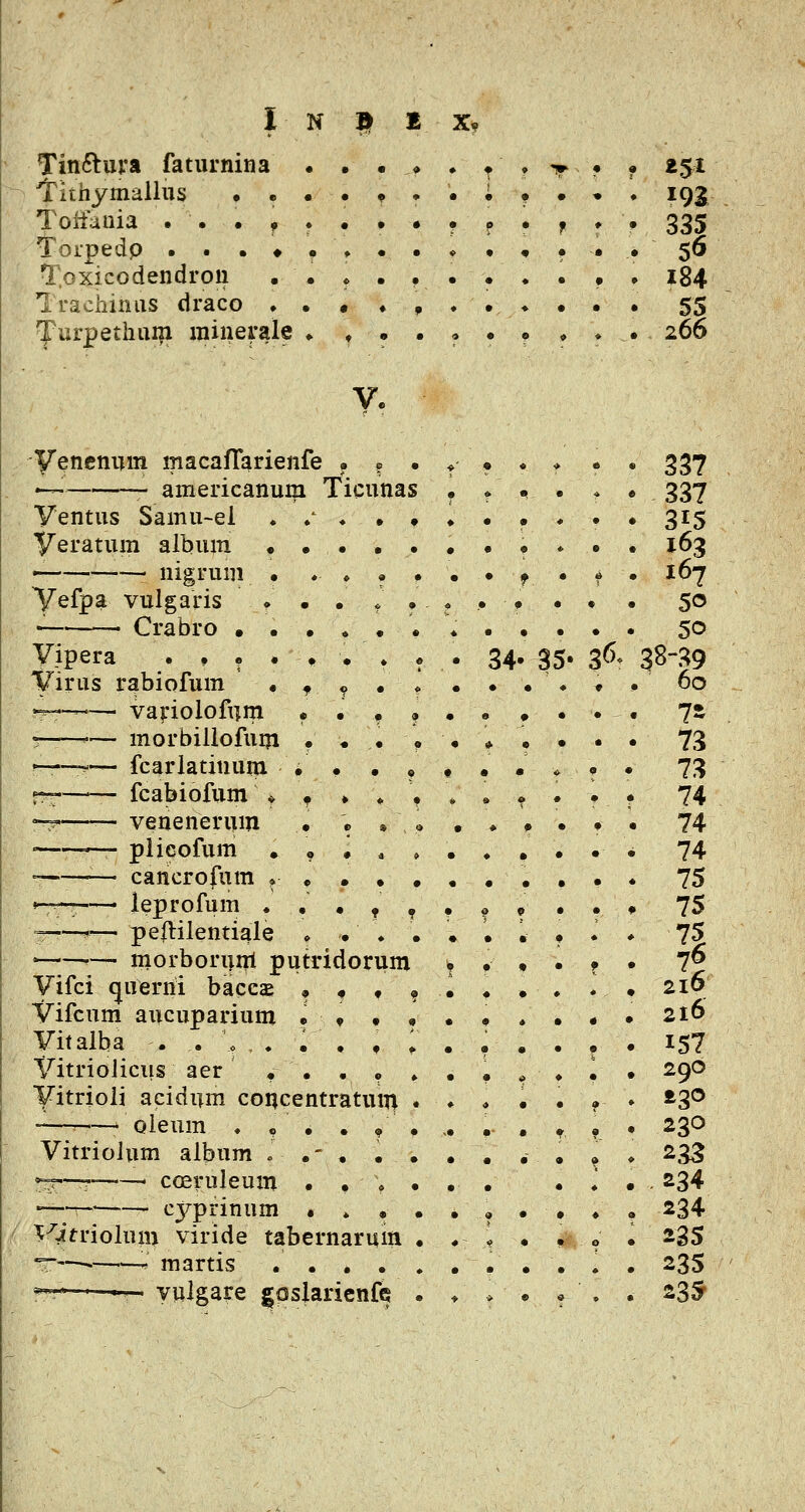 Tin6tura faturnina . • •* • ^,t^« • 251 tithymallus •.••«••;••«* 193 Toifania ... ,.•..••• ^ ,. 335 jTorpedp ..•♦•»••«••••• 56 T.oxicodendron ••«••••.•,. i84 Irachinas draco •.««•*.«... 55 Turpethuiii minevale ♦♦•.,.•♦♦. 266 V. yenenum macafTarienfe . ? . ^ americanum Ticunas Ventus Samu-el . / . Veratum album . • •  nigrum • . * Vefpa vulgaris • . . Crabro .... Vipera . , ^ • . « Virus rabiofum . ^ ^ *?—— variolofnni • . r-—'— morbiiiofuin • • ^—^— fcarlatinuin • • r- fcabiofum * ♦ ♦ -r venenerum • \ ' —- plieofum • • « » .— cancrofum ^ . . * .■-;.,-— leprofum . , • , ^ ==-—*— pellilentiale <> • ♦ , • .— morboruiTl putridorum yifci querni baceae • ^ • ^ Vifcum aucuparium • « • • Vitalba . . 0 , . • • • 1 VitrioJicus aer • . . • , Vitrioli acidum concentratun^ , —^ oieum . • • , ^ , Vitrioium album « .- , . , *=^—:• ' coeruleum . • * . -—^- cyprinum • . • Wfriolum viride tabernarum ^-—.——• martis . . , , ^ — yulgare gQslarienfe 34 35- 36. 337 337 163 167 50 50 3S-39 60 l^ 73 73 74 74 74 75 75 210 216 157 290 £30 230 2.33 .234 234 235 235 23^