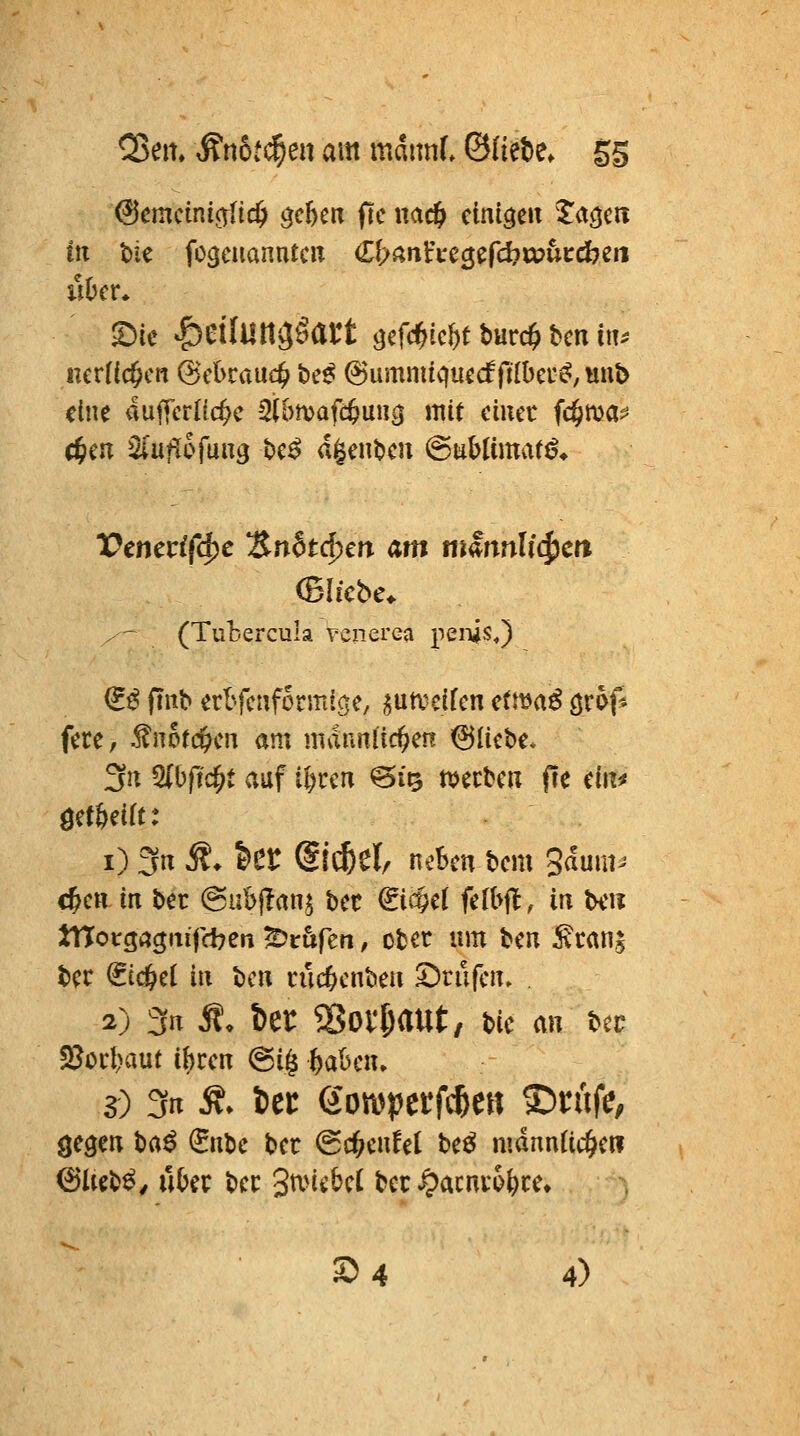 ^cmciniglicö gcfteu pc nac^ einigen Ta^m in tic fosciianntcn €ban^\:c$tfd)Voutd)m ^k ^eilungöart ^cWic&t burc^ Un m eine dufTcrüc^c ^ibmafc^uiig mit einer fc§maj! c^en Qiüfio[m\Q U$ d|ent)eu @HbUmat^* Penedfdje 'Snhd^m am mmnli^cn (Bliebe* (Tubercula vcnerea peivs,) & ftnb etbfcafcrmtöe, ^urcüUn etma^ gr^f* fere, .Itnofc&cn am mdunl'ic^eR bliebe. 3n 3(b)tc^t auf i^ccn ^i'd ttjecbcn fte ein* i) 3n i?. in (ii^df neben bem gdum^ d^cH-in ber @ubjTan$ bec (ii(^tl fefbfl, in Un ttXotqa^niii'djen Stufen, ober um Un ^t<\n^ bec ^id)d in Un eiHcnben teufen» . 2) 3n M. ia ^ovljaut, w m t>tt ^oü)aut i^ren @i§ feaben» 3) 3« Ä. i)ei: Somperfcfeeu ©rufe; öegen ba^ (5nbe bcr (Sc^cnfel be^ mdnntic^cii ©Ueb^/ über bec 3tvlebc( ber ^acnto^te. S4 4)