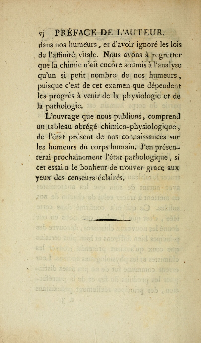 vj PRÉFACE DE L'AUTEUR. dans nos humeurs, et d'avoir ignoré les lois de l'affinité vitale. Nous avons à regretter que la chimie n'ait encore soumis à l'analyse qu'un si petit nombre de nos humeurs, puisque c'est de cet examen que dépendent les progrès à venir de la physiologie et de la pathologie. L'ouvrage que nous publions, comprend un tableau abrégé chimico-physiologique 5 de l'état présent de nos connaissances sur les humeurs du corps humain. J'en présen- terai prochainement l'état pathologique, si cet essai a le bonheur de trouver gracç aux yeux des censeurs éclairés.