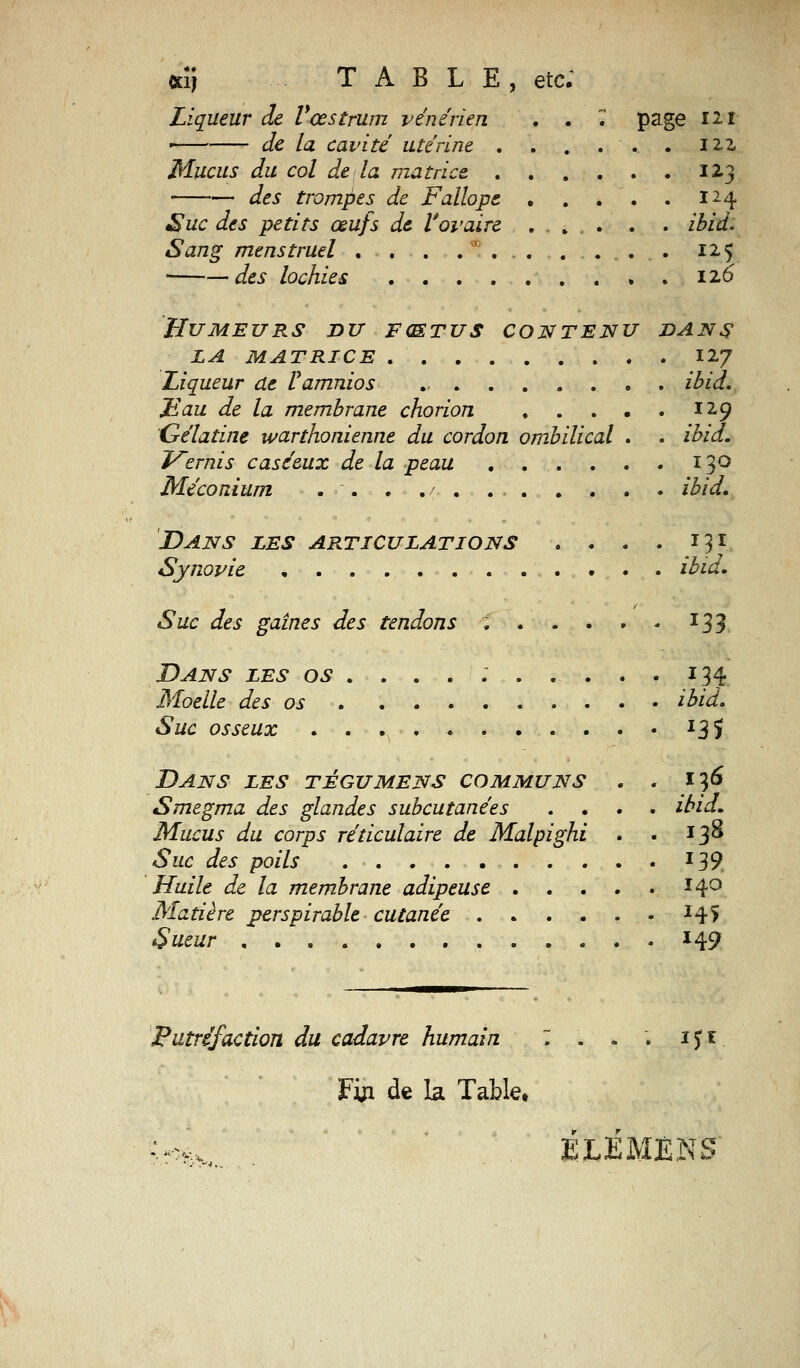 *îj TABLE, etc.* Liqueur de Vœstrum vénérien . . 7 page ut > de la cavité utérine . . . ... . \X% Mucus du col delà matrice 12.3 des trompes de Fallope • . . . . 124 Suc des petits œufs de Vovaire . . . . . ibid. Sang menstruel . . . . T . . ....... 125 des lochies 126 Humeurs du fcetus contenu dans la matrice 127 Liqueur de Vamnios ., ibid. JEau de la membrane chorion 129 Gélatine warthonienne du cordon ombilical . . ibid. Vernis caséeux de la peau . . . . . . 130 Méconium . . . ./. , . ibid. Dans les articulations . . . . 131 Synovie * ibid. Suc des gaines des tendons î 133. Dans les os .... ; 134 Moelle des os ibid. Suc osseux *3Ï Dans les tégumens communs . . 136 Smegma des glandes subcutanées .... ibid. Mucus du corps réticulaire de Malpighi . . *3^ Suc des poils 139 Huile de la membrane adipeuse *4° Matière perspirable cutanée *45 Sueur 149 Putréfaction du cadavre humain : . «. . if* Fin de la Table# ï*£* ÉLEMÉNS