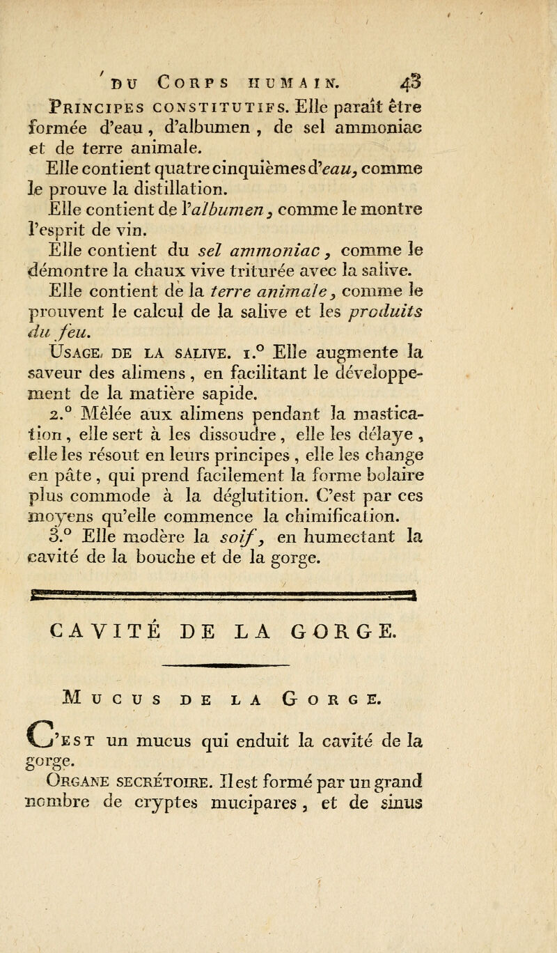 Principes constitutifs. Elle paraît être formée d'eau, d'albumen , de sel ammoniac et de terre animale. Elle contient quatre cinquièmes &eau, comme le prouve la distillation. Elle contient de Y albumen 3 comme le montre l'esprit de vin. Elle contient du sel ammoniac, comme le démontre la chaux vive triturée avec la salive. Elle contient de la terre animale, comme îe prouvent le calcul de la salive et les produits du Jeu. Usage, de la salive. i.° Elle augmente la saveur des alimens, en facilitant le développe- ment de la matière sapide. 2.0 Mêlée aux alimens pendant la mastica- tion , elle sert à les dissoudre, elle les délaye , elle les résout en leurs principes , elle les change en pâte , qui prend facilement la forme bolaire plus commode à la déglutition. C'est par ces moyens qu'elle commence la chimification. 3.° Elle modère la soif, en humectant la cavité de la bouche et de la gorge. CAVITE DE LA GORGE. Mucus de la Gorge. Vj'est un mucus qui enduit la cavité de la gorge. Organe secrétoire. Il est formé par un grand nombre de cryptes mucipares, et de sinus