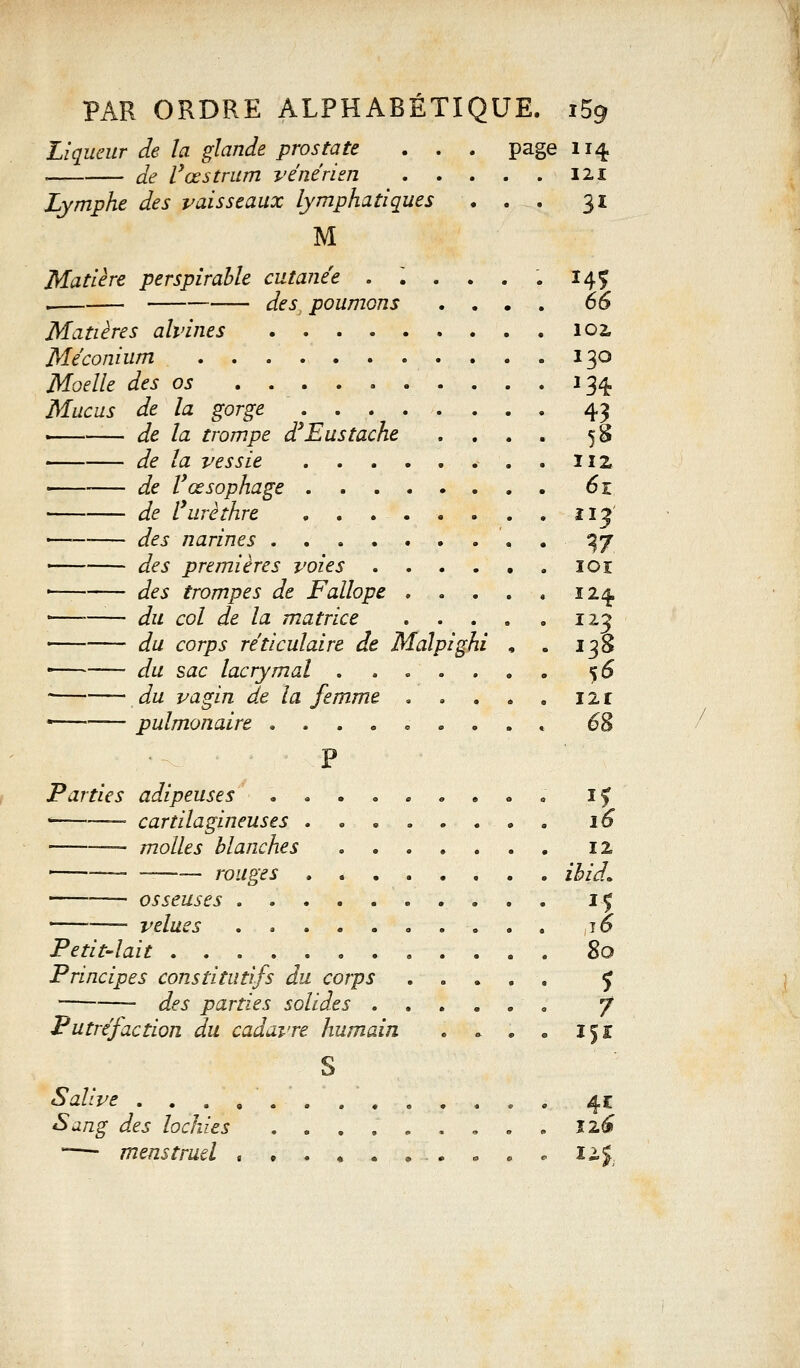 PAR ORDRE ALPHABÉTIQUE. i5g Liqueur de la glande prostate . . . page 114 de l'œstrum vénérien 121 Lymphe des vaisseaux lymphatiques ... 31 M Matière perspirable cutanée . ~. . . . . 14Ç . des poumons .... 66 Matières alpines 102, Méconium 130 Moelle des os 134 Mucus de la gorge 43 . de la trompe d'Eus tache .... 5 S de la vessie 112 ■ de Vœsophage 61 de furèthre ïl^ ■— des narines . ^7 des premières voies 101 ■ des trompes de Fallope . . . . . 124 ,—. ju coi £e ia matrice 123 du corps réticulaire de Malpighi , . 138 • du sac lacrymal %6 • du vagin de la femme « . . . . 12 r — pulmonaire . . . . = . . . , 68 F Parties adipeuses . • » . ij — cartilagineuses ........ 16 — molles blanches 12 _ . «—___ roUges ïbid* osseuses i-j velues 10 Petit-lait 80 Principes constitutifs du corps . „ . 9 . J des parties solides J Putréfaction du cadavre humain ■ . * . 15s S Salive . . . , 41 «Sj/zg des lochies . . . . . . . « . 12.6 -—■ menstruel ....... n * . 12.$,