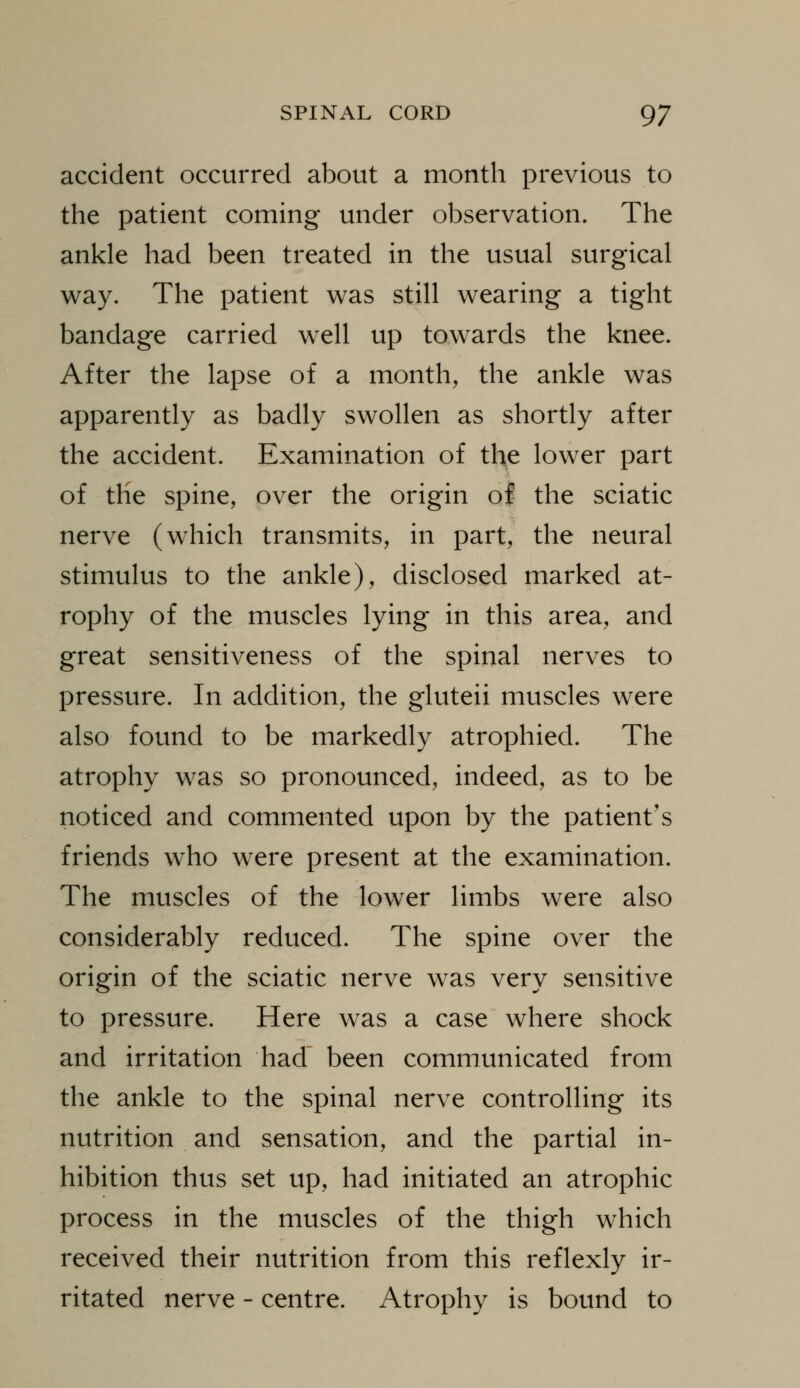 accident occurred about a month previous to the patient coming under observation. The ankle had been treated in the usual surgical way. The patient was still wearing a tight bandage carried wxll up towards the knee. After the lapse of a month, the ankle was apparently as badly swollen as shortly after the accident. Examination of the lower part of the spine, over the origin of the sciatic nerve (which transmits, in part, the neural stimulus to the ankle), disclosed marked at- rophy of the muscles lying in this area, and great sensitiveness of the spinal nerves to pressure. In addition, the gluteii muscles were also found to be markedly atrophied. The atrophy was so pronounced, indeed, as to be noticed and commented upon by the patient's friends who were present at the examination. The muscles of the lower limbs were also considerably reduced. The spine over the origin of the sciatic nerve was very sensitive to pressure. Here was a case where shock and irritation had been communicated from the ankle to the spinal nerve controlling its nutrition and sensation, and the partial in- hibition thus set up, had initiated an atrophic process in the muscles of the thigh which received their nutrition from this reflexly ir- ritated nerve - centre. Atrophy is bound to