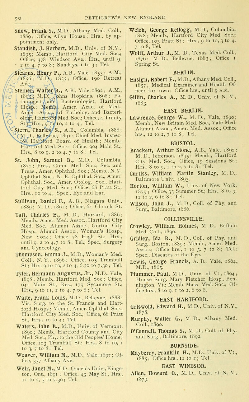 5° Snow, Frank S., M.D., Albany Med. Coll., 1889; Office, AUyn House ; Hrs., by ap- pointment only. Standish, J. Herbert, M.D.. Univ. of N.Y., 1895; Memb., Hartford City Med. Soc; Office, 378 Windsor Ave.; Hrs., until 9, • 2 to 4, 7 to 8; Sundays, i to 3 ; Tel. fearns, Et^ry P., A.B., Yale. 1853 ; A.M., 1855; Office, 190 Retreat fQ Steinerj Waltgj 1^924 M tho^ist aM: a olcfc Ha St.^iHrs., ^Stern, Charl A.B., Yale, 1892 ; A.M., hns Hopkins, 1898; Pa- Bacteriologist, Hartford Amer. Acad, of Med., f Patholog. and Bacteri- Med. Soc; Office, 4 Trinity 10, 2 to 4; Tel. S., A.B., Columbia, 1888; Q^., Belle^ue, 1891 ; Chief Med. Inspec- 6*, Hartford Board of Health; Memb., artford Med. Soc; Office, 904 Main St.; Hrs., 8 to 9, 2 to 4, 7 to 8 ; Tel. St. John, Samuel B., M.D., Columbia, 1870 ; Pres., Conn. Med. Soc; Sec. and Treas., Amer. Ophthal. Soc; Memb., N.Y. Ophthal. Soc, N. E. Ophthal. Soc, Amer. Ophthal. Soc, Amer. Otolog. Soc, Hart- ford City Med. Soc; Office, 68 Pratt St.; Hrs., ID to 4; Spec, Eye and Ear. Sullivan, Daniel F., A. B., Niagara Univ., 1889; M. D., 1891; Office, 64 Church St. Taft, Charles E., M. D., Harvard, 1886; Memb., Amer. Med. Assoc, Hartford City Med. Soc, Alumni Assoc, Gorton City Hosp., Alumni Assoc, Woman's Hosp., New York; Office, 78 High St.; Hrs., until 9, 2 to 4,7 to 8 ; Tel.; Spec, Surgery and Gynecology. Thompson, Emma J., M.D., Woman's Med. Coll., N. Y., 1896; Office, 105 Trumbull St.; Hrs. 9 to 10, 2 to 4, 6.30 to 7.30; Tel. Tyler, Hermann Augfustus, Jr., M.D., Yale, 1898 ; Memb., Hartford Med. Soc; Office, 641 Main St., Res., 179 Sycamore St.; Hrs., 9 to II, 2 to 4, 7 to 8 ; Tel. Waite, Frank Louis, M.D., Bellevue, 1888; Vis. Surg, to the St. Francis and Hart- fojrd Hosps.; Memb., Amer. Ophthal. Soc, Hartford City Med. Soc; Office, 68 Pratt St., Hrs., 10 to 4; Tel. Waters, John B., M.D., Univ. of Vermont, 1890; Memb., Hartford County and City Med. Soc; Phy. to the Old Peoples' Home; Office, 103 Trumbull St.; Hrs., 8 to 10, i to 3, 7 to 8 ; Tel. Weaver, William M., M.D., Yale, 1S97 ; Of- fice, 337 Albany Ave. Weir, Janet M., M.D., Queen's Univ., Kings- ton, Ont., 1891 ; Office, 43 May St., Hrs., II to 2, 5 to 7.30; Tel. Welch, George Kellogg, M.D., Columbia, 1878; Memb., Hartford City Med. Soc; Office, 103 Pratt St; Hrs., 9 to 10, 3 to 4, 7 to 8, Tel. Wolff, Arthur J.,M. D., Texas Med. Coll., 1S76; M.D., Bellevue, 1883; Office i Spring St. BERLIN. Ensign, Robert E., M.D., Albany Med. Coll., 1857; Medical Examiner and Health Of- ficer for town ; Office hrs., until 9 a.m. Glllln, Charles A., M. D., Univ. of N. Y., 1883. EAST BERLIN. Lawrence, George W., M. D., Yale, 1890; Memb., New Britain Med. Soc, Yale Med. Alumni Assoc, Amer. Med. Assoc; Office hrs., 12 to 2, 7 to 8 ; Tel. BRISTOL. Brackett, Arthur Stone, A.B., Yale, 1892; M. D., Jefferson, 1895 ; Memb., Plartford City Med. Soc; Office, 19 Sessions St.; Hrs., 8 to 9, I to 2, 7 to 8 ; Tel. Curtlss, William Martin Stanley, M. D., Baltimore Univ., 1893. Horton, William W., Univ. of New York, 1879 ; Office, 35 Summer St.; Hrs., 8 to 9, 12 to 2, 6 to 8; Tel. Wilson, John J., M.D., Coll. of Phy. and Surg., Baltimore, 1886. COLLINSVILLE. Crowley, William Holmes, M. D., Buffalo Med. Coll., 1S90. Gridley, Ida R., M. D., Coll. of Phy. and Surg., Boston, 1S89 ; Memb., Amer. Med. Assoc; Office hrs., i to 3, 7 to 8; Tel.; Spec, Diseases of the Eye. Lewis, George Francis, A. B., Yale, 1864, M.D., 1865. Plummer, Paul, M.D., Univ. of vt., 1894; House Surg. Mary Fletcher Hosp., Ben- nington, Vt.; Memb. Mass. Med. Soc; Of- fice hrs., 8 to 9, I to 2, 6 to 8. EAST HARTFORD. Griswold, Edward H., M.D., Univ. of N.Y., 1878. Murphy, Walter G., M. D., Albany Med. Coll., 1890. O'Connell, Thomas S., M. D., Coll. of Phy. and Surg., Baltimore, 1892. BURNSIDE. Mayberry, Franklin H., M.D., Univ. of Vt., 1885; Office hrs., 12 to 2; Tel. EAST WINDSOR. Allen, Howard 0., M. D., Univ. of N. Y., 1879.