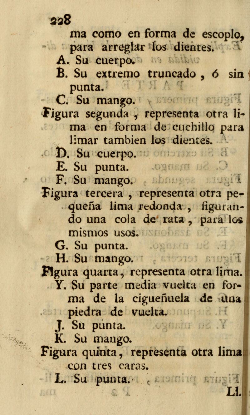 ma como en forma de escoplo, para arreglar ios dientes. A. Su cuerpo* É. Su extremo truncado , ó sin punta. C. Su mango. Figura segunda , representa otra li- ma en forma de cuchillo para limar también los dientes. D. Su cuerpo. E. Su punta. F. Su mango. Figura tercera , representa otra pe- quena lima redonda , figuran- do una cola de rata, para los mismos usos. G. Su punta. H. Su mango. Figura quarta, representa otra lima. Y. Su parte media vuelta en for- ma de la cigüeñuela de Una piedra de vuelta. J. Su punta. K. Su mango. Figura quinta, representa otra limai con tres caras. L. Su punta.