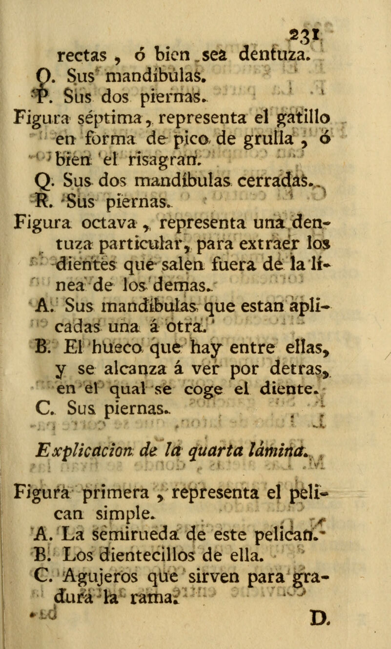 p3í rectas , ó bien sea dentuza. Sus mandíbulas. '. Sus dos piernas. Figura séptima r representa el gatillo en forma de pico de grulla , ó bien el risagran. Q. Sus dos mandíbulas cerradas... R. Sus piernas- Figura octava r representa una den- tuza particular,., para extraer los dientes qué salen fuera de la lí- nea de los demás.. A. Sus mandíbulas que están ápli* M- cadas una á otra.' B. El hueco que hay entre ellas, y se alcanza á ver por detras, en el qual se coge el diente. C. Sus piernas.. —*. Explicación de la quarta lámina. Figura primera , representa el peli- can simple. ^ A. La semirueda de este pelicfafi.' B. Los dientecillos de ella. C. Agujeros que sirven para gra- dura la rama. *** D,