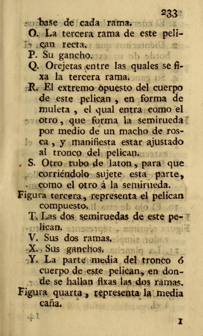 base de cada rama. O. La tercera rama de este peli- lh can recta, P. Su gancho. Q, Orejetas rentre las quales se fi- xa la tercera rama, R, El extremo opuesto del cuerpo de este pelican , en forma de muleta , el qual entra como el otro, que forma la semirueda por medio de un macho de ros- ca, y manifiesta estar ajustado al tronco del pelican. . S. Otro tubo de latón, para que corriéndolo sujete esta parte, como el otro á la semirueda. Figura tercera, representa el pelican compuesto, T. Las dos semiruedas de este pe- lican. V, Sus dos ramas, X, Sus ganchos* T. La parte media del tronco 6 cuerpo de este pelican, en don- de se hallan fixas las dos ramas. Figura quarta , representa la media caña.