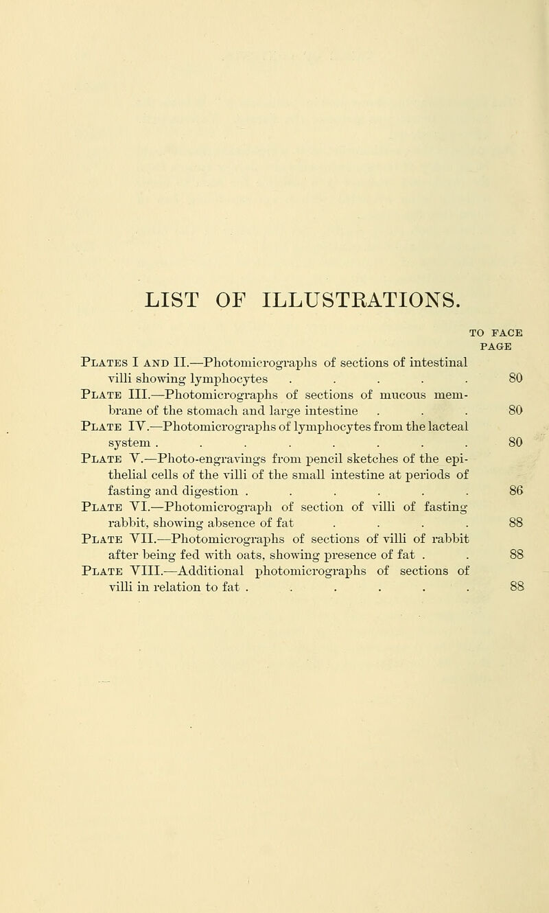 LIST OF ILLUSTRATIONS. TO FACE PAGE Plates I and II.—Photomicrographs of sections of intestinal villi showing lymphocytes ..... 80 Plate III.—Photomicrographs of sections of miicous mem- brane of the stomach and large intestine ... 80 Plate IY.—Photomicrographs of lymphocytes from the lacteal system ........ 80 Plate Y.—Photo-engravings from pencil sketches of the epi- thelial cells of the villi of the small intestine at periods of fasting and digestion ...... 86 Plate YI.—Photomicrograph of section of villi of fasting rabbit, showing absence of fat .... 88 Plate YII.—Photomicrographs of sections of villi of rabbit after being fed with oats, showing presence of fat . . 88 Plate YIII.—Additional photomicrographs of sections of villi in relation to fat ...... 88