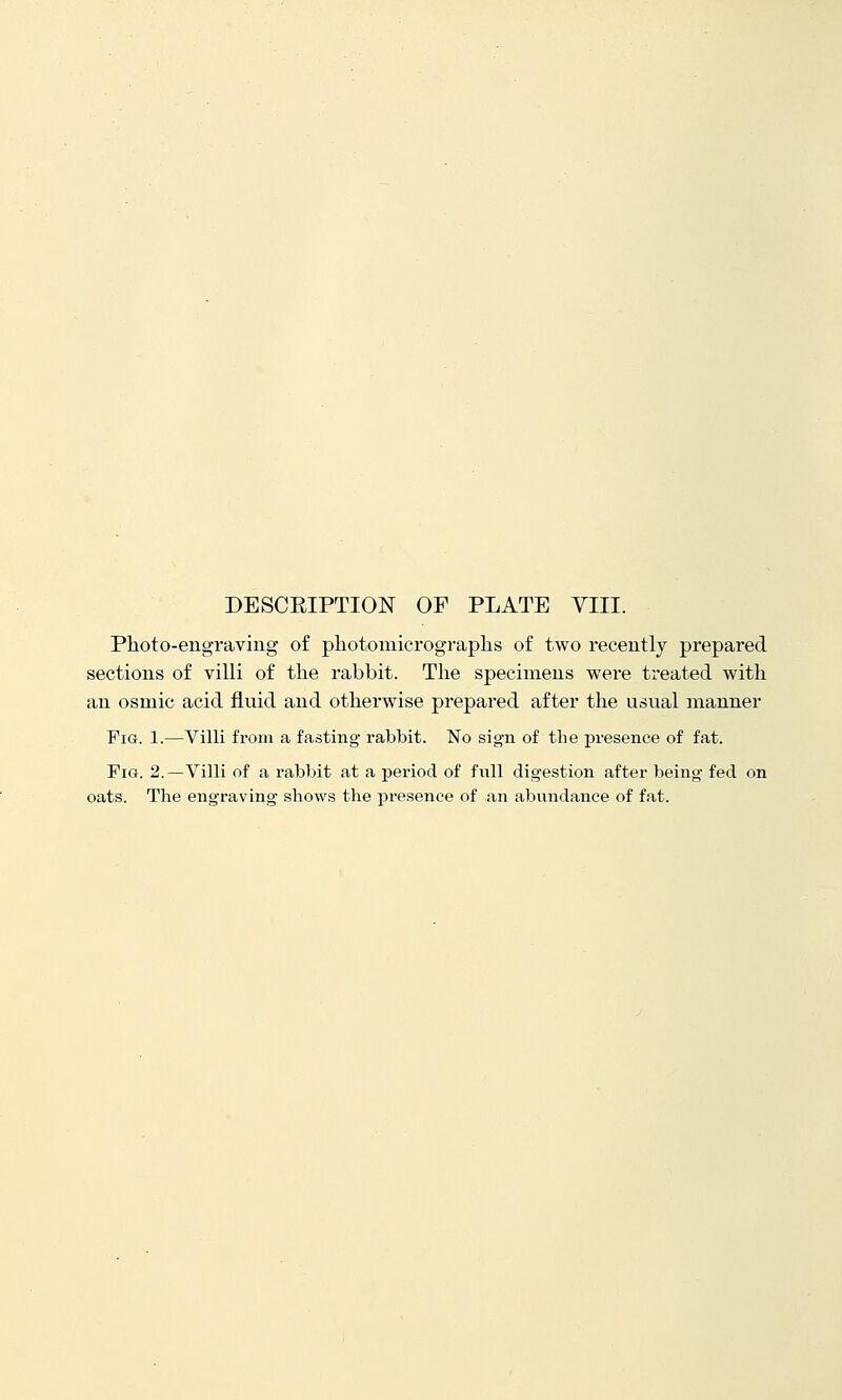 Photo-engraving of photomicrographs of two recently prepared sections of villi of the rabbit. The specimens were treated with an osmic acid fluid and otherwise prepared after the usual manner Fig. 1.—Villi from a fasting- rabbit. No sign of the presence of fat. Fig. 2.—Villi of a rabbit at a period of fvill digestion after being fed on oats. The engraving shows the presence of an abundance of fat.