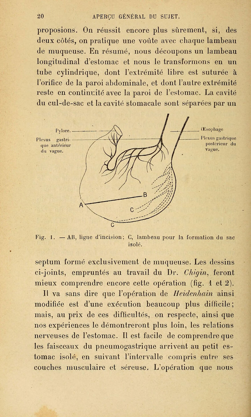 proposions. On réussit encore plus sûrement, si, des deux côtés, on pratique une voûte avec chaque lambeau de muqueuse. En résumé, nous découpons un lambeau longitudinal d'estomac et nous le transformons en un tube cylindrique, dont l'extrémité libre est suturée à l'orifice de la paroi abdominale, et dont l'autre extrémité reste en continuité avec la paroi de l'estomac. La cavité du cul-de-sac et la cavité stomacale sont séparées par un PylQPe. /\ \ / . / Œsophage Plexus gastri / \\V —'' ~—'~k f Plexus gastrique que antérieur / ^ ^^^^K / postérieur du du vague. / V 1 / y^y / \^J\\ \ i vague. Fig. 1. —AB, ligne d'incision; G, lambeau pour la formation du sac isolé. septum formé exclusivement de muqueuse. Les dessins ci-joints, empruntés au travail du Dr. Chigin., feront mieux comprendre encore cette opération (fig. 1 et 2). Il va sans dire que l'opération de Heidenhain ainsi modifiée est d'une exécution beaucoup plus difficile ; mais, au prix de ces difficultés, on respecte, ainsi que nos expériences le démontreront plus loin, les relations nerveuses de l'estomac. Il est facile de comprendre que les faisceaux du pneumogastrique arrivent au petit es- tomac isolé, en suivant l'intervalle compris entre ses couches musculaire et séreuse. L'opéi'ation que nous