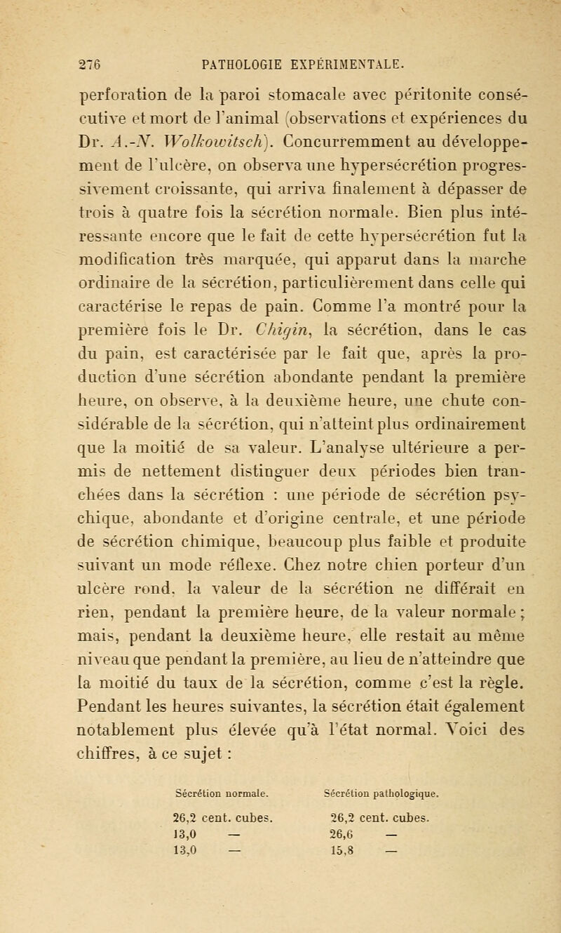 perforation de la paroi stomacale avec péritonite consé- cutive et mort de Tanimal (observations et expériences du Dr. A.-y. Wolkowitsch). Concurremment au développe- ment de l'ulcère, on observa une hypersécrétion progres- sivement croissante, qui arriva finalement à dépasser de trois à quatre fois la sécrétion normale. Bien plus inté- ressante encore que le fait de cette hypersécrétion fut la modification très marquée, qui apparut dans la marche ordinaire de la sécrétion, particulièrement dans celle qui caractérise le repas de pain. Gomme l'a montré pour la première fois le Dr. Chigin^ la sécrétion, dans le cas du pain, est caractérisée par le fait que, après la pro- duction d'une sécrétion abondante pendant la première heure, on observe, à la deuxième heure, une chute con- sidérable de la sécrétion, qui n'atteint plus ordinairement que la moitié de sa valeur. L'analyse ultérieure a per- mis de nettement distinguer deux périodes bien tran- chées dans la sécrétion : une période de sécrétion psy- chique, abondante et d'origine centrale, et une période de sécrétion chimique, beaucoup plus faible et produite suivant un mode réflexe. Chez notre chien porteur d'un ulcère rond, la valeur de la sécrétion ne différait en rien, pendant la première heure, de la valeur normale ; mais, pendant la deuxième heure, elle restait au même niveau que pendant la première, au lieu de n'atteindre que la moitié du taux de la sécrétion, comme c'est la règle. Pendant les heures suivantes, la sécrétion était également notablement plus élevée qu'à l'état normal. Voici des chiffres, à ce sujet : Sécrétion normale. Sécrétion pathologique. 26,2 cent, cubes. 26,2 cent, cubes. 13,0 — 26,6 — 13,0 — 15,8 —