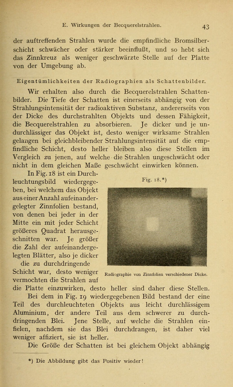 der auftreffenden Strahlen wurde die empfindliche Bromsilber- schicht schwächer oder stärker beeinflußt, und so hebt sich das Zinnkreuz als weniger geschwärzte Stelle auf der Platte von der Umgebung ab. Eigentümlichkeiten der Radiographien als Schattenbilder. Wir erhalten also durch die Becquerelstrahlen Schatten- bilder. Die Tiefe der Schatten ist einerseits abhängig von der Strahlungsintensität der radioaktiven Substanz, andererseits von der Dicke des durchstrahlten Objekts und dessen Fähigkeit, die Becquerelstrahlen zu absorbieren. Je dicker und je un- durchlässiger das Objekt ist, desto weniger wirksame Strahlen gelangen bei gleichbleibender Strahlungsintensität auf die emp- findliche Schicht, desto heller bleiben also diese Stellen im Vergleich zu jenen, auf welche die Strahlen ungeschwächt oder nicht in dem gleichen Maße geschwächt einwirken können. In Fig. i8 ist ein Durch- leuchtungsbild wiedergege- -^^S- ^^•*^ ben, bei welchem das Objekt aus einer Anzahl aufeinander- gelegter Zinnfolien bestand, von denen bei jeder in der Mitte ein mit jeder Schicht größeres Quadrat herausge- schnitten war. Je größer die Zahl der aufeinanderge- legten Blätter, also je dicker die zu durchdringende Schicht war, desto weniger Radlographie von ZinnfoUea verschiedener Dicke. vermochten die Strahlen auf die Platte einzuwirken, desto heller sind daher diese Stellen. Bei dem in Fig. 19 wiedergegebenen Bild bestand der eine Teil des durchleuchteten Objekts aus leicht durchlässigem Aluminium, der andere Teil aus dem schwerer zu durch- dringenden Blei. Jene Stelle, auf welche die Strahlen ein- fielen, nachdem sie das Blei durchdrangen, ist daher viel weniger affiziert, sie ist heller. Die Größe der Schatten ist bei gleichem Objekt abhängig