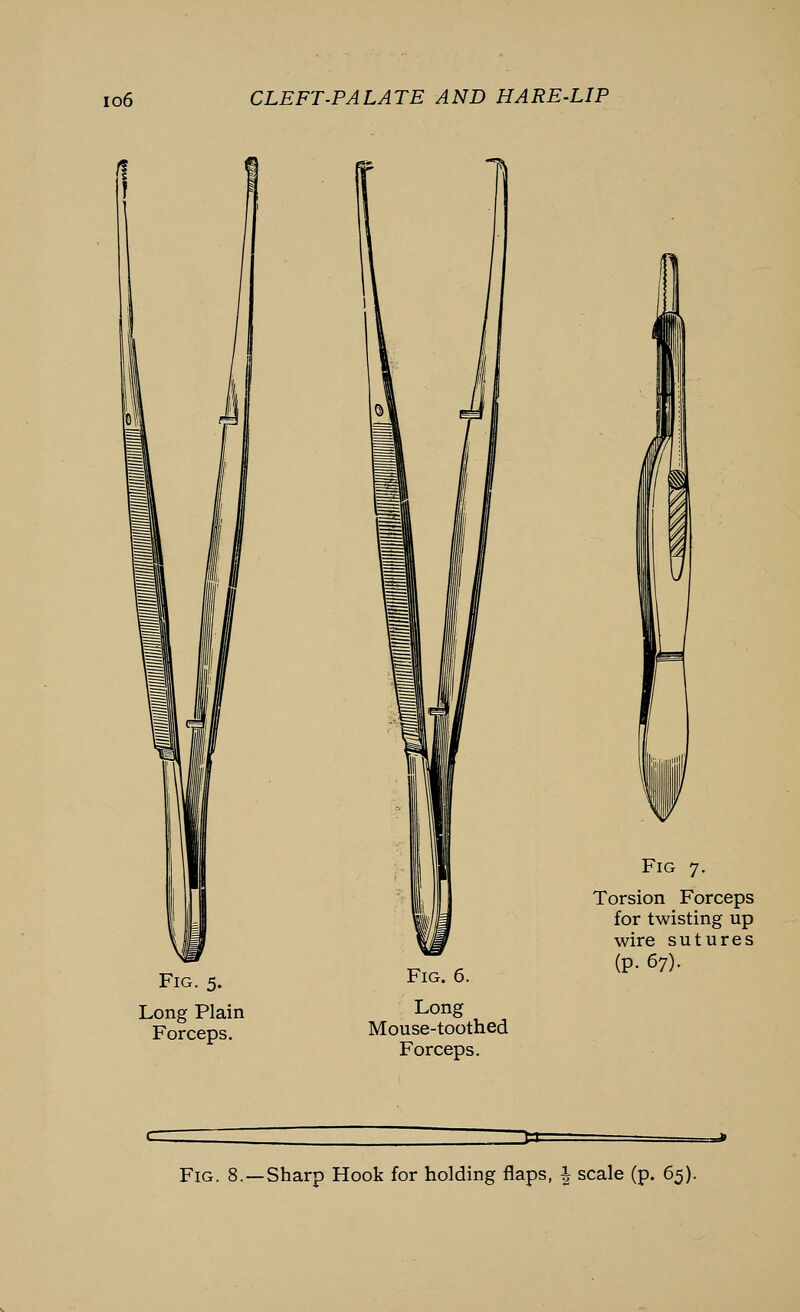 Fig. 5. Long Plain Forceps. Fig. 6. Long Mouse-toothed Forceps. Fig 7. Torsion Forceps for twisting up wire sutures (P- 67)- Fig. 8. —Sharp Hook for holding flaps, \ scale (p. 65).