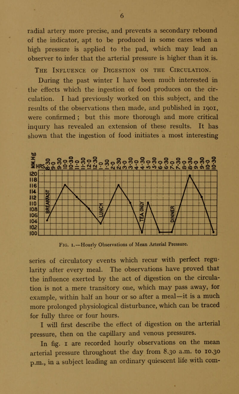 radial artery more precise, and prevents a secondary rebound of the indicator, apt to be produced in some cases when a high pressure is applied to the pad, which may lead an observer to infer that the arterial pressure is higher than it is. The Influence of Digestion on the Circulation. Daring the past winter I have been much interested in the effects which the ingestion of food produces on the cir- culation. I had previously worked on this subject, and the results of the observations then made, and published in iqoi, were confirmed ; but this more thorough and more critical inquiry has revealed an extension of these results. It has shown that the ingestion of food initiates a most interesting *j) X ° 2 10-0 10-30 o 1 o CO • 12-0 12-30 o o o oooooooo (OOfOOcpprpocooroocQof*) fAj(0(0^4^^^tbN*f^abcoo>a> 10-0 10-30 120 118 116 114- fc JI2 2 110 2£ T ?3 K 108 cc O T a: 106 LQ 3 ^/ z 2* 104 \h-/ \ Oi 102 V \ IUU Fig. i.—Hourly Observations of Mean Arterial Pressure. series of circulatory events which recur with perfect regu- larity after every meal. The observations have proved that the influence exerted by the act of digestion on the circula- tion is not a mere transitory one, which may pass away, for example, within half an hour or so after a meal—it is a much more prolonged physiological disturbance, which can be traced for fully three or four hours. I will first describe the effect of digestion on the arterial pressure, then on the capillary and venous pressures. In fig. i are recorded hourly observations on the mean arterial pressure throughout the day from 8.30 a.m. to 10.30 p.m., in a subject leading an ordinary quiescent life with com-