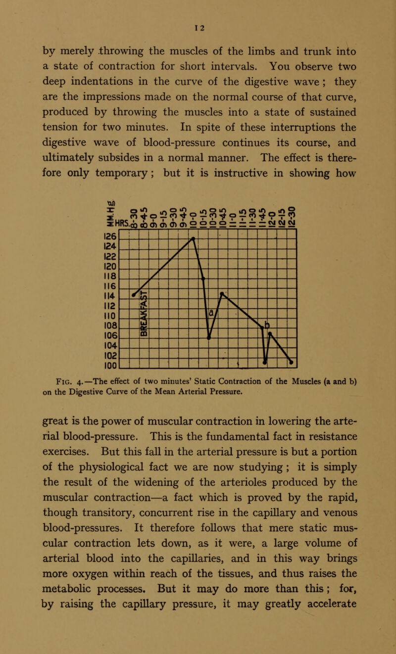 by merely throwing the muscles of the limbs and trunk into a state of contraction for short intervals. You observe two deep indentations in the curve of the digestive wave ; they are the impressions made on the normal course of that curve, produced by throwing the muscles into a state of sustained tension for two minutes. In spite of these interruptions the digestive wave of blood-pressure continues its course, and ultimately subsides in a normal manner. The effect is there- fore only temporary ; but it is instructive in showing how 126 124 122 120 118 116 114 112 110 108 106 104 102 100 Fig. 4.—The effect of two minutes' Static Contraction of the Muscles (a and b) on the Digestive Curve of the Mean Arterial Pressure. VJkJ 1- s $ V J ) CD 1 ■ great is the power of muscular contraction in lowering the arte- rial blood-pressure. This is the fundamental fact in resistance exercises. But this fall in the arterial pressure is but a portion of the physiological fact we are now studying ; it is simply the result of the widening of the arterioles produced by the muscular contraction—a fact which is proved by the rapid, though transitory, concurrent rise in the capillary and venous blood-pressures. It therefore follows that mere static mus- cular contraction lets down, as it were, a large volume of arterial blood into the capillaries, and in this way brings more oxygen within reach of the tissues, and thus raises the metabolic processes. But it may do more than this ; for, by raising the capillary pressure, it may greatly accelerate