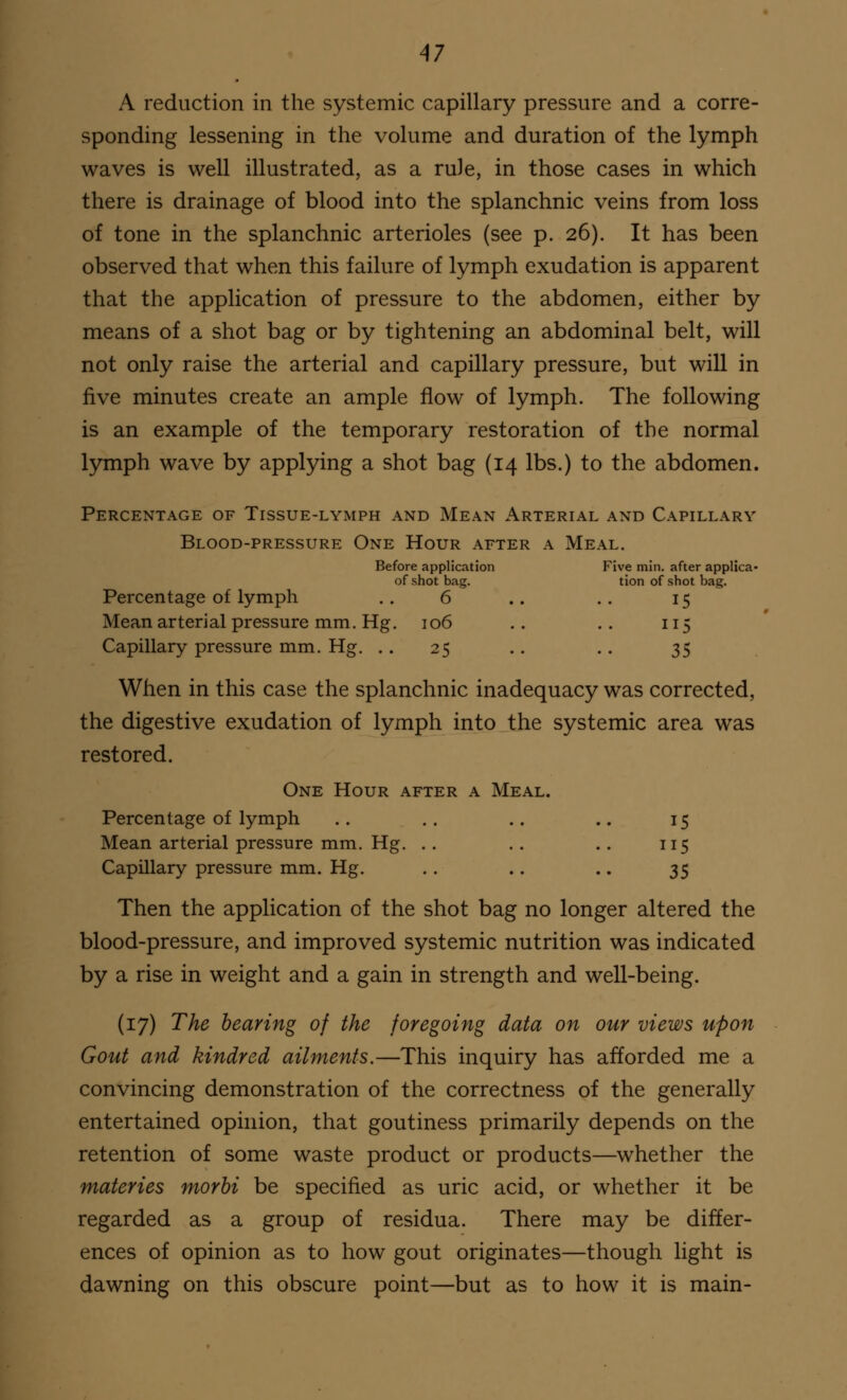 A reduction in the systemic capillary pressure and a corre- sponding lessening in the volume and duration of the lymph waves is well illustrated, as a rule, in those cases in which there is drainage of blood into the splanchnic veins from loss of tone in the splanchnic arterioles (see p. 26). It has been observed that when this failure of lymph exudation is apparent that the application of pressure to the abdomen, either by means of a shot bag or by tightening an abdominal belt, will not only raise the arterial and capillary pressure, but will in five minutes create an ample flow of lymph. The following is an example of the temporary restoration of the normal lymph wave by applying a shot bag (14 lbs.) to the abdomen. Percentage of Tissue-lymph and Mean Arterial and Capillary Blood-pressure One Hour after a Meal. Before application Five min. after applica- of shot bag. tion of shot bag. Percentage of lymph . . 6 .. . . 15 Mean arterial pressure mm. Hg. 106 .. .. 115 Capillary pressure mm. Hg. .. 25 .. .. 35 When in this case the splanchnic inadequacy was corrected, the digestive exudation of lymph into the systemic area was restored. One Hour after a Meal. Percentage of lymph .. .. .. .. 15 Mean arterial pressure mm. Hg. .. .. .. 115 Capillary pressure mm. Hg. .. .. .. 35 Then the application of the shot bag no longer altered the blood-pressure, and improved systemic nutrition was indicated by a rise in weight and a gain in strength and well-being. (17) The bearing of the foregoing data on our views upon Gout and kindred ailments.—This inquiry has afforded me a convincing demonstration of the correctness of the generally entertained opinion, that goutiness primarily depends on the retention of some waste product or products—whether the materies morbi be specified as uric acid, or whether it be regarded as a group of residua. There may be differ- ences of opinion as to how gout originates—though light is dawning on this obscure point—but as to how it is main-