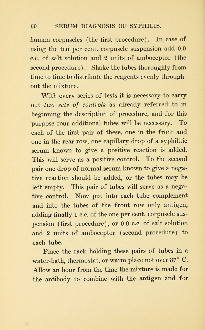 human corpuscles (the first procedure). In case of using the ten per cent, corpuscle suspension add 0.9 c.c. of salt solution and 2 units of amboceptor (the second procedure). Shake the tubes thoroughly from time to time to distribute the reagents evenly through- out the mixture. With every series of tests it is necessary to carry out two sets of controls as already referred to in beginning the description of procedure, and for this purpose four additional tubes will be necessary. To each of the first pair of these, one in the front and one in the rear row, one capillary drop of a syphilitic serum known to give a positive reaction is added. This will serve as a positive control. To the second pair one drop of normal serum known to give a nega- tive reaction should be added, or the tubes may be left empty. This pair of tubes will serve as a nega- tive control. Now put into each tube complement and into the tubes of the front row only antigen, adding finally 1 c.c. of the one per cent, corpuscle sus- pension (first procedure), or 0.9 c.c. of salt solution and 2 units of amboceptor (second procedure) to each tube. Place the rack holding these pairs of tubes in a water-bath, thermostat, or warm place not over 37° C. Allow an hour from the time the mixture is made for the antibody to combine with the antigen and for