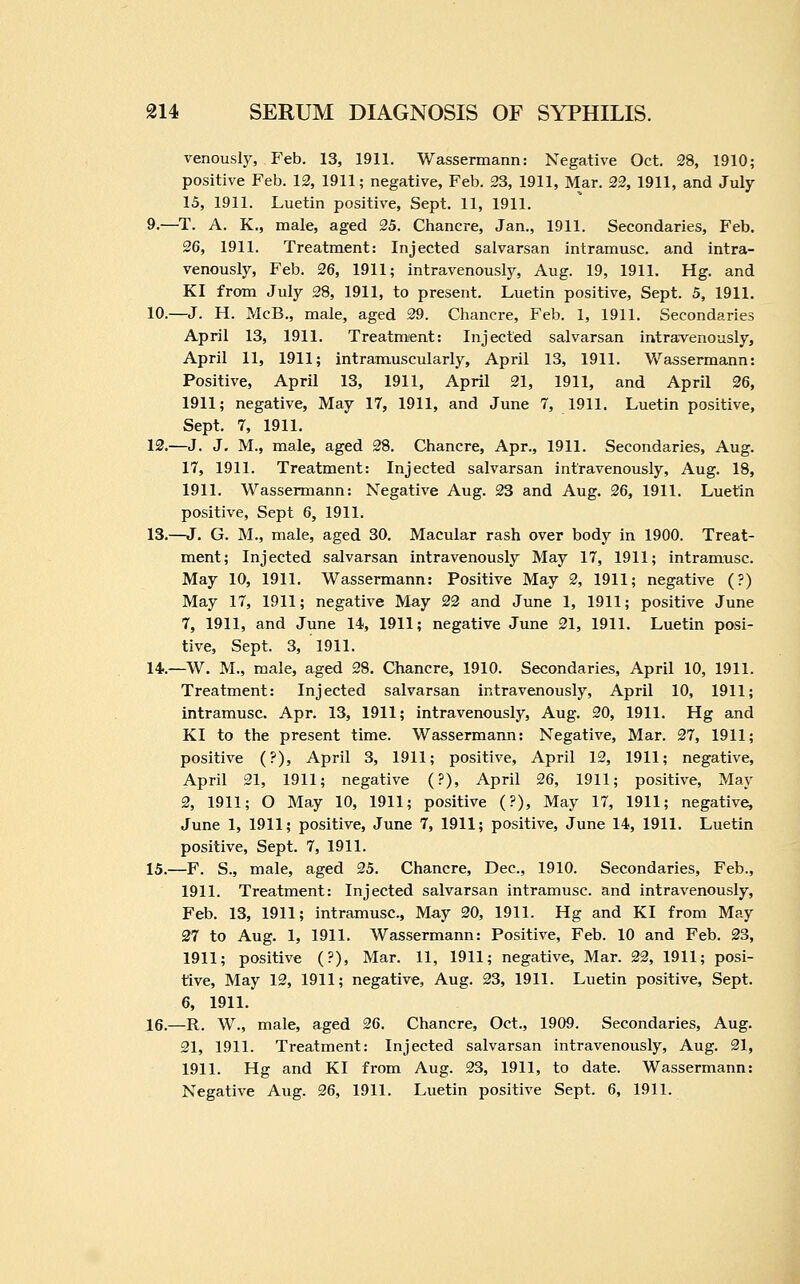 venously, Feb. 13, 1911. Wassermann: Negative Oct. 28, 1910; positive Feb. 12, 1911; negative, Feb. 23, 1911, Mar. 22, 1911, and July 15, 1911. Luetin positive, Sept. 11, 1911. 9.—T. A. K., male, aged 25. Chancre, Jan., 1911. Secondaries, Feb. 26, 1911. Treatment: Injected salvarsan intramusc. and intra- venously, Feb. 26, 1911; intravenously, Aug. 19, 1911. Hg. and KI from July 28, 1911, to present. Luetin positive, Sept. 5, 1911. 10.—J. H. McB., male, aged 29. Chancre, Feb. 1, 1911. Secondaries April 13, 1911. Treatment: Injected salvarsan intravenously, April 11, 1911; intramuscularly, April 13, 1911. V/assermann: Positive, April 13, 1911, April 21, 1911, and April 26, 1911; negative, May 17, 1911, and June 7, 1911. Luetin positive, Sept. 7, 1911. 12.—J. J. M., male, aged 28. Chancre, Apr., 1911. Secondaries, Aug. 17, 1911. Treatment: Injected salvarsan intravenously, Aug. 18, 1911. Wassermann: Negative Aug. 23 and Aug. 26, 1911. Luetin positive, Sept 6, 1911. 13.—J. G. M., male, aged 30. Macular rash over body in 1900. Treat- ment; Injected salvarsan intravenously May 17, 1911; intramusc. May 10, 1911. Wassermann: Positive May 2, 1911; negative (?) May 17, 1911; negative May 22 and June 1, 1911; positive June 7, 1911, and June 14, 1911; negative June 21, 1911. Luetin posi- tive, Sept. 3, 1911. 14.—W. M., male, aged 28. Chancre, 1910. Secondaries, April 10, 1911. Treatment: Injected salvarsan intravenously, April 10, 1911; intramusc. Apr. 13, 1911; intravenously, Aug. 20, 1911. Hg and KI to the present time. Wassermann: Negative, Mar. 27, 1911; positive (?), April 3, 1911; positive, April 12, 1911; negative, April 21, 1911; negative (?), April 26, 1911; positive, May 2, 1911; O May 10, 1911; positive (?), May 17, 1911; negative, June 1, 1911; positive, June 7, 1911; positive, June 14, 1911. Luetin positive, Sept. 7, 1911. 15.—F. S., male, aged 25. Chancre, Dec, 1910. Secondaries, Feb., 1911. Treatment: Injected salvarsan intramusc. and intravenously, Feb. 13, 1911; intramusc, May 30, 1911. Hg and KI from May 27 to Aug. 1, 1911. Wassermann: Positive, Feb. 10 and Feb. 23, 1911; positive (?), Mar. 11, 1911; negative. Mar. 22, 1911; posi- tive. May 12, 1911; negative, Aug. 23, 1911. Luetin positive, Sept. 6, 1911. 16.—R. W., male, aged 26. Chancre, Oct., 1909. Secondaries, Aug. 21, 1911. Treatment: Injected salvarsan intravenously, Aug. 21, 1911. Hg and KI from Aug. 23, 1911, to date. Wassermann: Negative Aug. 26, 1911. Luetin positive Sept. 6, 1911.