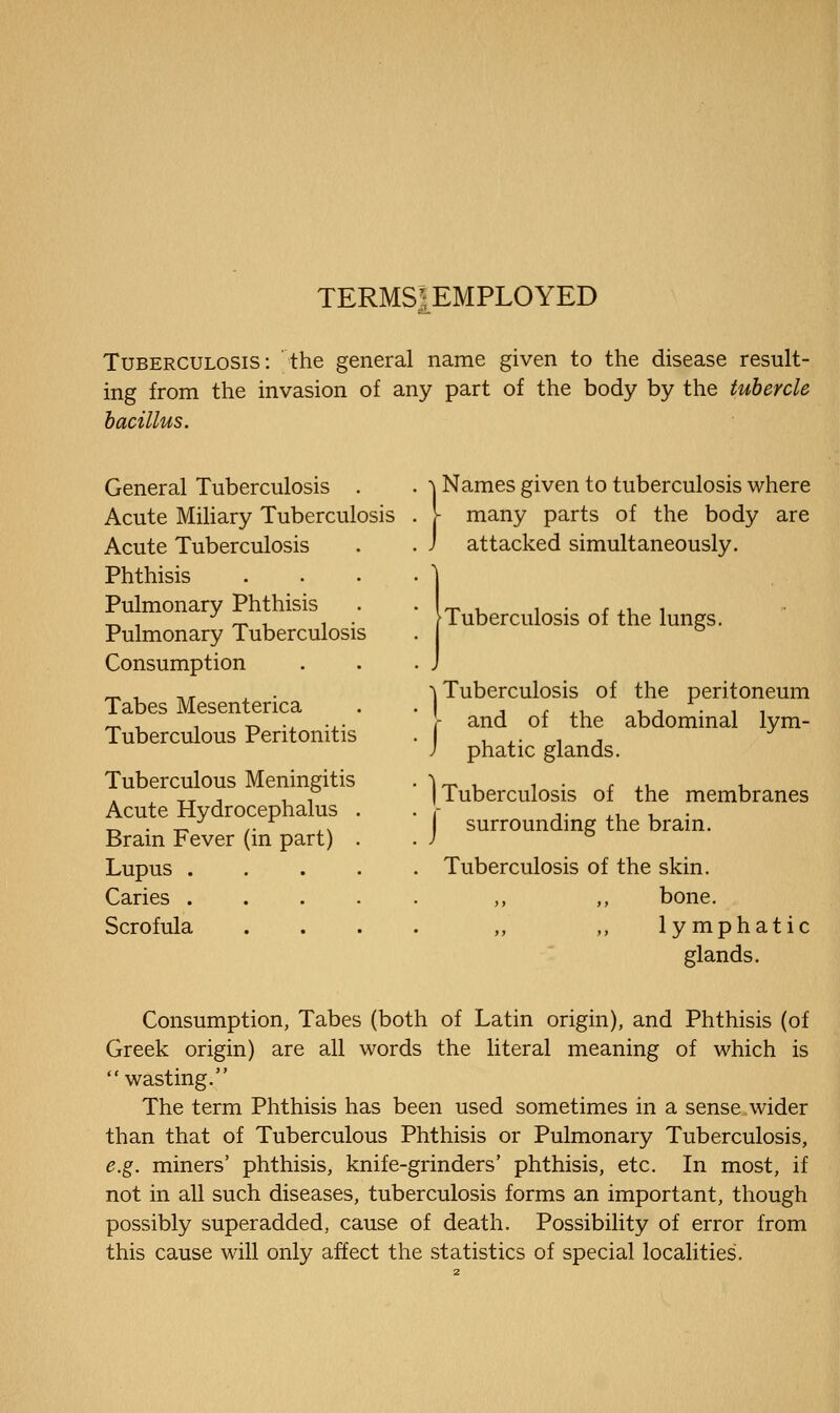 TERMSiEMPLOYED Tuberculosis; the general name given to the disease result- ing from the invasion of any part of the body by the tubercle bacillus. General Tuberculosis . Acute Mihary Tuberculosis Acute Tuberculosis Phthisis Pulmonary Phthisis Pulmonary Tuberculosis Consumption Tabes Mesenterica Tuberculous Peritonitis Tuberculous Meningitis Acute Hydrocephalus Brain Fever (in part) Lupus . Caries . Scrofula Names given to tuberculosis where >- many parts of the body are attacked simultaneously. •Tuberculosis of the lungs. 1 Tuberculosis of the peritoneum and of the abdominal / lym- phatic glands. I Tuberculosis of the membranes I surrounding the brain. Tuberculosis of the skin. ,, bone. „ ,, lymphatic glands. Consumption, Tabes (both of Latin origin), and Phthisis (of Greek origin) are all words the literal meaning of which is wasting. The term Phthisis has been used sometimes in a sense wider than that of Tuberculous Phthisis or Pulmonary Tuberculosis, e.g. miners' phthisis, knife-grinders' phthisis, etc. In most, if not in all such diseases, tuberculosis forms an important, though possibly superadded, cause of death. Possibility of error from this cause will only affect the statistics of special localities.