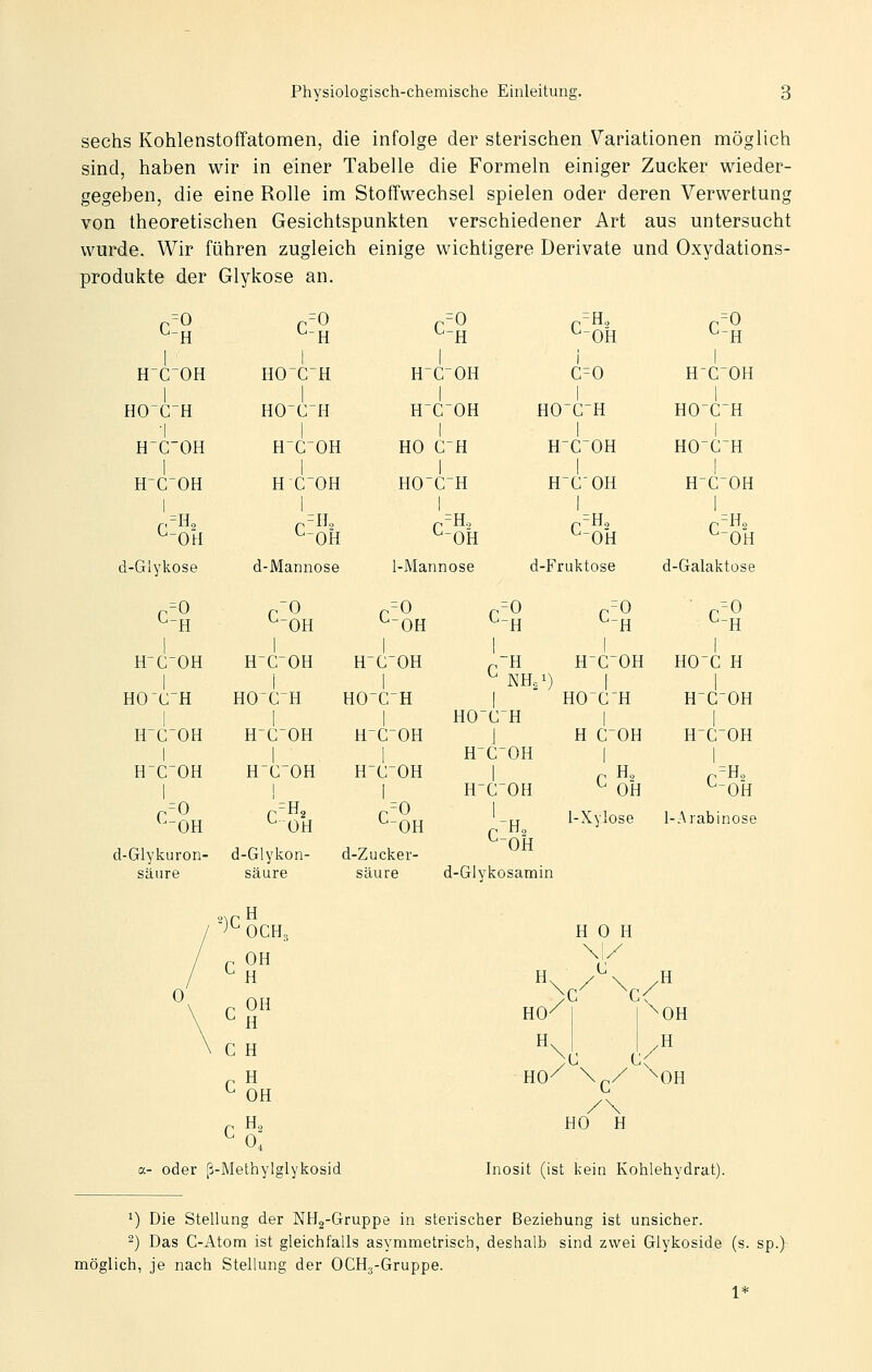 sechs Kohlenstoffatomen, die infolge der sterischen Variationen möglich sind, haben wir in einer Tabelle die Formeln einiger Zucker wieder- gegeben, die eine Rolle im StofTwechsel spielen oder deren Verwertung von theoretischen Gesichtspunkten verschiedener Art aus untersucht wurde. Wir führen zugleich einige wichtigere Derivate und Oxydations- produkte der Glykose an. p=0 p=0 p=0 p=H„ p=0 L-jj L-y L-^ b-Qjj L-jj I I I i I HXOH HOCH H-C-OH C=0 H-C~OH I I I I I HOCH HO-CH H-COH HO'C'H HQ-CH •I I I 1 i HCOH H-COH HO C~H H-COH HOCH I I I I I H^C^OH HCOH HOC-H HC'OH H-C~OH I i_ i_ L L f-i^Hg p~H., P~Ho p~Hc> p~Ho ^-OH ^OH ^OH ^OH ^OH d-Glykose d-Mannose I-Mannose d-Fruktose d-Galaktose P=0 p0 p=0 p=0 p=0 p^O ^H 'OH ^OH ^H ^H 'H I I I I I I H-Q-OH H-Q-OH H-C-OH p'H H-C-OH HQ-C H I i I NH,i) I 1 HOC-H HOC-H HO-CH | HO CH H-C-OH ! I I HO-C-H I I irC-OH H C-OH H-C-OH | H C-QH H-C-OH I I 1 H-C-OH I I H-C'OH H'C-OH H'C-OH | p Hg p=Ho I ! I H-C-OH ^ OH ^-OH ^-OH ^ OH ^OH H l-Xy!ose 1-Aiabinose OH d-Glykuron- d-Glykon- d-Zucker- säure säure säure d-Giykosamin '^^ OCH, HÖH OH \!/ C ß^^ HO^I '^OH H G H H. ,H )C C( P H HO^ \p/ \0H ^ OH ^ P H., HO H a- oder ß-Methylglykosid Inosit (ist kein Kohlehydrat). 1) Die Stellung der NHj-Gruppe in sterischer Beziehung ist unsicher. ^) Das C-Atom ist gleichfalls asymmetrisch, deshalb sind zwei Glykoside (s. sp. möglich, je nach Stellung der OCHj-Gruppe. 1*