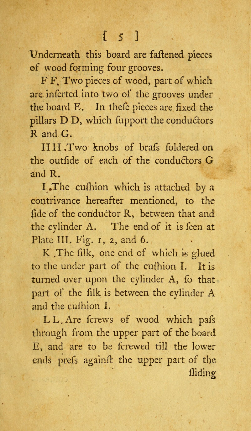 U'nderntath this board are faftened pieces of wood forming four grooves, F F, Two pieces of wood, part of which are inferted into two of the grooves under the board E. In thefe pieces are fixed the pillars D D, which fupport the condudors RandG. H H ♦Two knobs of brafs foldered on the outfide of each of the conduftors G and R, Uhe cuQiion which is attached by a contrivance hereafter mentioned, to the fide of the condudor R, between that and the cylinder A. The end of it is feen a,t Plate in. Fig. i, 2, and 6. K .The filk, one end of which is glued to the under part of the cufhion 1. It is turned over upon the cylinder A, fo that part of the filk is between the cylinder A ^nd the cuiliion I. LL.Are fcrews of wood which pafs through from the upper part of the board E, and are to be fcrewed till the lower ends prefs againft the upper part of the Aiding