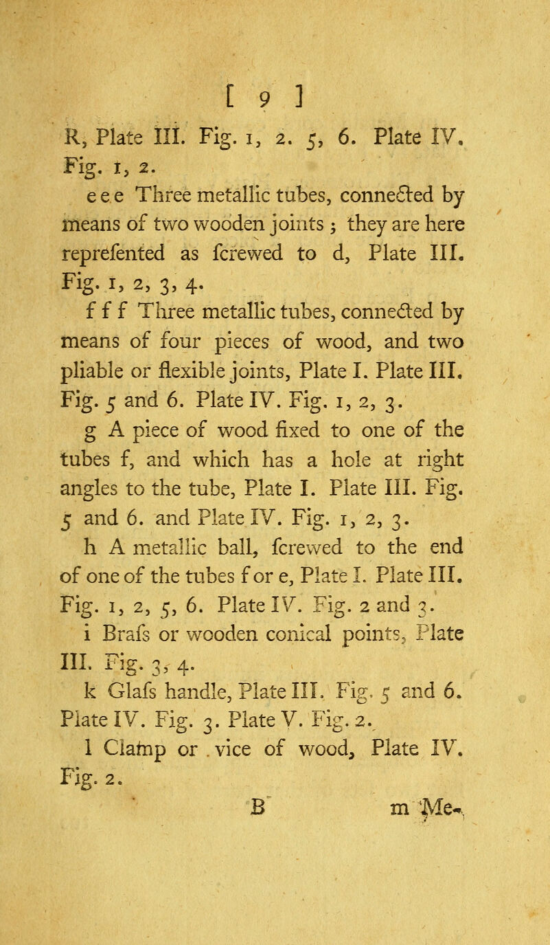 R, Plate III. Fig. i, 2. 5, 6. Plate IV. Fig. I, 2. eee Three metallic tubes, conne£led by ixieans of two wooden joints ^ they are here reprefented as fere wed to d, Plate IIL Fig.i, 2, 3, 4. f f f Three metallic tubes, connedled by means of four pieces of wood, and two pliable or flexible joints, Plate I. Plate III. Fig. 5 and 6. Plate IV. Fig. i, 2, 3. g A piece of wood fixed to one of the tubes f, and which has a hole at right angles to the tube, Plate I. Plate III. Fig. 5 and 6. and Plate IV. Fig. i, 2, 3. h A metallic ball^ fcrewed to the end of one of the tubes for e, Plate I. Plate III. Fig. 15 2, 5, 6. Plate IV. Fig. 2 and 3. i Brafs or w^ooden conical points, Plate III. Fig. 3, 4. k Glafs handle, Plate III. Fig, 5 and 6. Plate IV. Fig. 3. Plate V. Fig. 2.^ 1 Clatnp or . vice of wood^ Plate IV. Fig. 2. B^ m Me-,