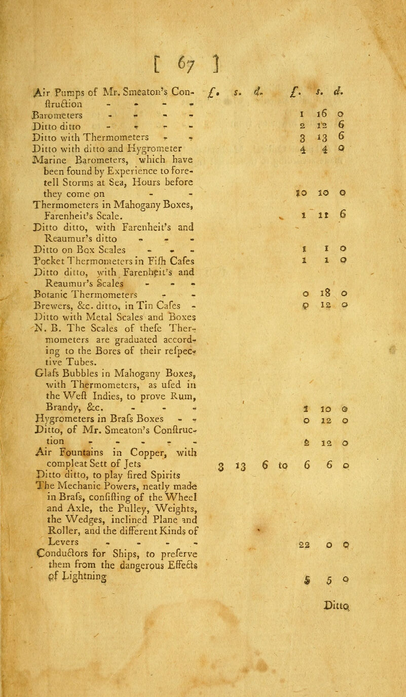 [ (^7 ] I i6 o 2 1^ 6 3 i3 6 4 4 o Air Pumps of Mr. Smeaton's Con- £, s, d' £• s. d, ftruftion - «. - - Barometers , - - - Ditto ditto _ - - - Ditto with Thermometers ^ - Ditto with ditto and Hygrometer Marine Barometers, which have been found by Experience to fore- tell Storms at Sea, Hours before they come on _ . JO 10 Q Thermometers in Mahogany Boxes, Farenheit's Scale. ^ 1 It 6 Ditto ditto, with Farenheit's and Reaumur's ditto , - - Ditto on Box Scales » « - j i o Tocket Thermometers in Fifh Cafes l i Q Ditto ditto, with Fa.renhpit's and Reaumur's Scales - - - Botanic Thermometers - - o l8 O Brewers, &:c. ditto, in Tin Cafes - q 12. o Ditto with Metal Scales and Boxe§ N. B. The Scales of thefe Ther» mometers are graduated accord- ing to the Bores of their refpec-? tive Tubes. Glafs Bubbles in Mahogany Boxes, with Thermometers, as ufed in the Weft Indies, to prove Rum, Brandy, 8cc. , . » ' 1 lo © Hygrometers in Brafs Boxes - « 0120 Ditto, of Mr. Smeaton's Conftruc- tion - - - _ _ & 12 O Air Fountains in Copper, with compleat Sett of Jets 3 ^3 6 tO 6 60 Ditto ditto, to play fired Spirits The Mechanic Powers, neatly made in Brafs, confifting of the Wheel and Axle, the Pulley, Weights, the Wedges, inclined Plane and Roller, and the different Kinds or Levers , . - . 22 O 0 Conductors for Ships, to preferve them from the dangerous Effe6is pf Lightning §50 Ditto