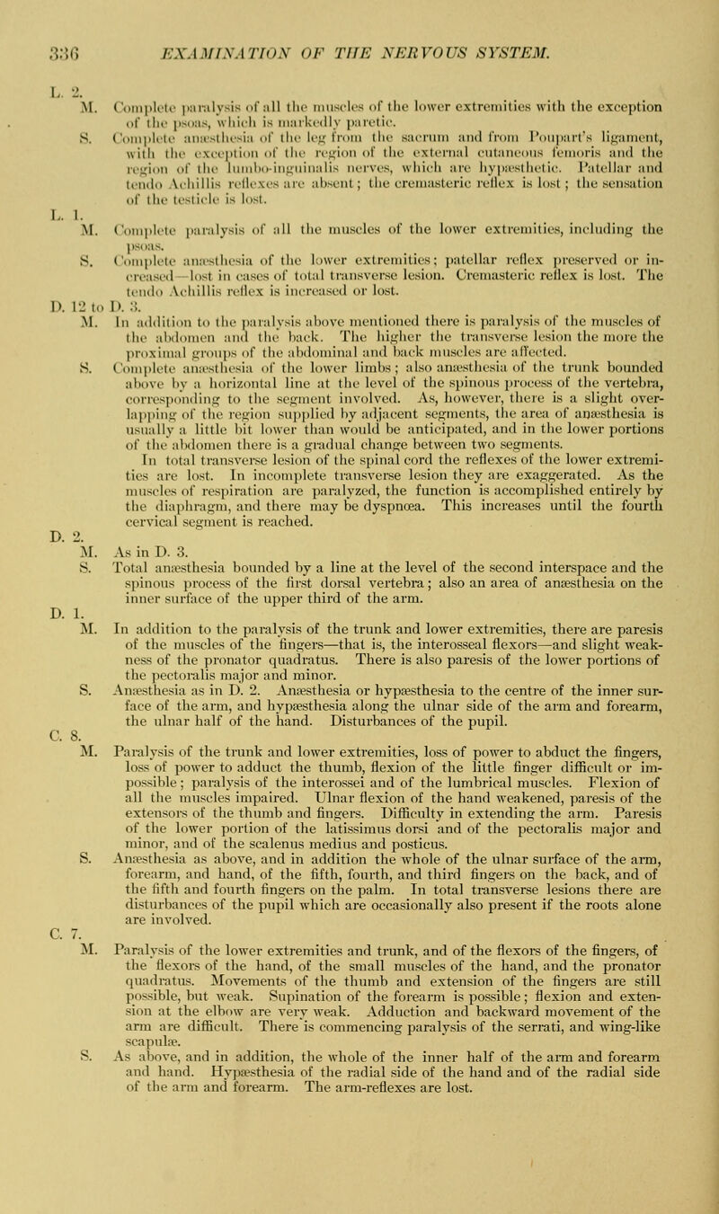 I. 2. M. Complete paralysis of nil tlie* muscles of the lower extremities with the exception of the psoas, which is markedly paretic. S. Complete anesthesia of the leg from the sacrum and from Poupart's ligament, with the exception of the region of the external cutaneous femoris and the region of the lumho-inguinalis nerves, which are hypothetic. Patellar and t,'mlci ^.chillis relieves ;ire :il»'iit ; the cremasteric reflex is lost ; the sensation of the testicle is lost. L. 1. M. Complete paralysis of all the muscles of the lower extremities, including the s. C plete anaesthesia of the lower extremities; patellar reflex preserved or in- creased lost in eases of total transverse lesion. Cremasteric reflex is lost. The tendo Aehillis reflex is increased or lost. 1). 12 to D. 3. M. In addition to the paralysis above mentioned there is paralysis of the muscles of the abdomen and the back. The higher the transverse lesion the more the proximal groups of the abdominal and hack muscles are affected. S. Complete anaesthesia of the lower limhs; also anesthesia of the trunk bounded above by a horizontal line at the level of the spinous process of the vertebra, corresponding to the segment involved. As, however, there is a slight over- lapping of the region supplied by adjacent segments, the area of anaesthesia is usually a little bit lower than would be anticipated, and in the lower portions of the abdomen there is a gradual change between two segments. I n total t ransverse lesion of the spinal cord the reflexes of the lower extremi- ties are lost. In incomplete transverse lesion they are exaggerated. As the muscles of respiration are paralyzed, the function is accomplished entirely by the diaphragm, and there may be dyspnoea. This increases until the fourth cervical segment is reached. D. 2. M. As in D. 3. S. Total anaesthesia bounded by a line at the level of the second interspace and the spinous process of the first dorsal vertebra; also an area of ansesthesia on the inner surface of the upper third of the arm. D. 1. M. In addition to the paralysis of the trunk and lower extremities, there are paresis of the muscles of the fingers—that is, the interosseal flexors—and slight weak- ness of the pronator quadratus. There is also paresis of the lower portions of the pectoralis major and minor. S. Ansesthesia as in D. 2. Anaesthesia or hypsesthesia to the centre of the inner sur- face of the arm, and hypsesthesia along the ulnar side of the arm and forearm, the ulnar half of the hand. Disturbances of the pupil. C, 8. M. Paralysis of the trunk and lower extremities, loss of power to abduct the fingers, loss of power to adduct the thumb, flexion of the little finger difficult or im- possible ; paralysis of the interossei and of the lumbrical muscles. Flexion of all the muscles impaired. Ulnar flexion of the hand weakened, paresis of the extensors of the thumb and fingers. Difficulty in extending the arm. Paresis of the lower portion of the latissimus dorsi and of the pectoralis major and minor, and of the scalenus medius and posticus. S. Anaesthesia as above, and in addition the whole of the ulnar surface of the arm, forearm, and hand, of the fifth, fourth, and third fingers on the back, and of the fifth and fourth fingers on the palm. In total transverse lesions there are disturbances of the pupil which are occasionally also present if the roots alone are involved. C. 7. M. Paralysis of the lower extremities and trunk, and of the flexors of the fingers, of the flexors of the band, of the small muscles of the hand, and the pronator quadratus. Movements of the thumb and extension of the fingers are still possible, but weak. Supination of the forearm is possible; flexion and exten- sion at the elbow are very weak. Adduction and backward movement of the arm are difficult. There is commencing paralysis of the serrati, and wing-like scapula^. S. As above, and in addition, the whole of the inner half of the aim and forearm and hand. Hypsesthesia of the radial side of the hand and of the radial side of the arm and forearm. The arm-reflexes are lost.