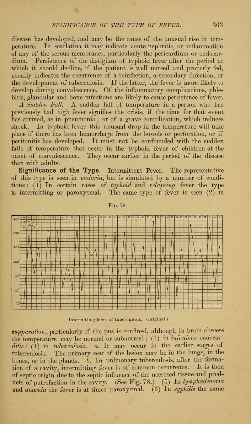 disease has developed, and may be the cause of the unusual rise in tem- perature. In scarlatina it may indicate acute nephritis, or inflammation of any of the serous membranes, particularly the pericardium or endocar- dium. Persisteuce of the fastigium of typhoid fever after the period at which it should decline, if the patient is well nursed and properly fed, usually indicates the occurrence of a reinfection, a secondary infection, or the development of tuberculosis. If the latter, the fever is more likely to develop during convalescence. Of the inflammatory complications, phle- bitis, glandular and bone infections are likely to cause persistence of fever. A Sudden Fall. A sudden fall of temperature in a person who has previously had high fever signifies the crisis, if the time for that event has arrived, as in pneumonia ; or of a grave complication, which induces shock. In typhoid fever this unusual drop in the temperature will take place if there has been hemorrhage from the bowels or perforation, or if peritonitis has developed. It must not be confounded with the sudden falls of temperature that occur in the typhoid fever of children at the onset of convalescence. They occur earlier in the period of the disease than with adults. Significance of the Type. Intermittent Fever. The representative of this type is seen in malaria, but is simulated by a number of condi- tions : (1) In certain cases of typhoid and relapsing fever the type is intermitting or paroxysmal. The same type of fever is seen (2) in r m|e|m E M e|M E , E „ E M E M E M~ E « E „ E M E « E M e|„ e « E „ E M E M E M E « . ,03-JLL -J- ^;*^ _____ ___p_±-__I___t_- —4-—j\~'\—f ft_ir_][—'—i—in—r it— _ Li _ .1 ii_J-l_il_-»- r-| \ 1 101—fi ft _~i——f,_;T_n_r_n~ i il—i it—it—\ 'T /—/ °\\\ ~F—r 11 i—f^_n^n~nn—dj—u—r 11 N11111 ill 1 n w rn Hill 1 if 11 nil 1 1 In 99ITTNlny^ ' Pi 9s-4 1~-| U—X, \^—j\ T—T-T'-4- ^p =P _| zj:_±__j_|E 9' ' ' 1 1 1 1 \-\ Intermitting fever of tuberculosis. (Original.) suppuration, particularly if the pus is confined, although in brain abscess the temperature may be normal or subnormal; (3) in infectious endocar- ditis; (4) in tuberculosis, a. It may occur in the earlier stages of tuberculosis. The primary seat of the lesion may be in the lungs, in the bones, or in the glands. 6. In pulmonary tuberculosis, after the forma- tion of a cavity, intermitting fever is of common occurrence. It is then of septic origin due to the septic influence of the necrosed tissue and prod- ucts of putrefaction in the cavity. (See Fig. 78.) (5) In lymphadenoma and anaemia the fever is at times paroxysmal. (6) In syphilis the same