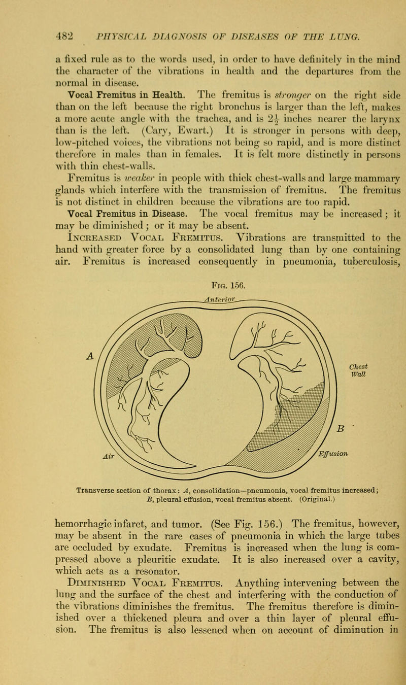 a lixtil rule as to the words used, in order to have definitely in the mind the character of the vibrations in health and the departures from the normal in disease. Vocal Fremitus in Health. The fremitus i> stronger <>n the right side than on the lefl because the right bronchus is larger than the left, makes a more acute angle with the trachea, and is 2.1, inches nearer the larynx than is the left. (( ;ii-\ , Ewart.) It is stronger in persons with deep, low-pitched voices, the vibrations not being so rapid, and is more distinct therefore in males than in females. It is felt more distinctly in persons with thin chest-walls. Fremitus Is weaker in people with thick chest-walls and large mammary glands which interfere with the transmission of fremitus. The fremitus is not distinct in children because the vibrations are too rapid. Vocal Fremitus in Disease. The vocal fremitus may be increased; it may be diminished; or it may be absent. Increased Vocal Fremitus. Vibrations are transmitted to the hand with greater force by a consolidated lung than by one containing air. Fremitus is increased consequently in pneumonia, tuberculosis, Transverse section of thorax: A, consolidation—pneumonia, vocal fremitus increased, B, pleural effusion, vocal fremitus absent. (Original.) hemorrhagic infarct, and tumor. (See Fig. 156.) The fremitus, however, may be absent in the rare cases of pneumonia in which the large tubes are occluded by exudate. Fremitus is increased when the lung is com- pressed above a pleuritic exudate. It is also increased over a cavity, which acts as a resonator. Diminished Vocal Fremitus. Anything intervening between the lung and the surface of the chest and interfering wdth the conduction of the vibrations diminishes the fremitus. The fremitus therefore is dimin- ished over a thickened pleura and over a thin layer of pleural effu- sion. The fremitus is also lessened when on account of diminution in