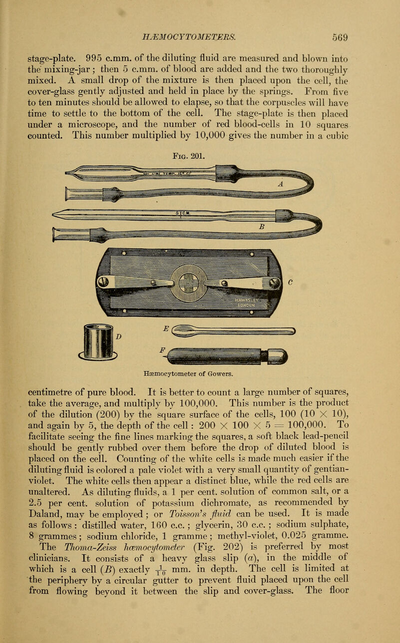 stage-plate. 995 c.mm. of the diluting fluid are measured and blown into the rnixing-jar; then 5 c.mm. of blood are added and the two thoroughly mixed. A small drop of the mixture is then placed upon the cell, the cover-glass gently adjusted and held in place by the springs. From five to ten minutes should be allowed to elapse, so that the corpuscles will have time to settle to the bottom of the cell. The stage-plate is then placed under a microscope, and the number of red blood-cells in 10 squares counted. This number multiplied by 10,000 gives the number in a cubic Hsemocytometer of Gowers. centimetre of pure blood. It is better to count a large number of squares, take the average, and multiply by 100,000. This number is the product of the dilution (200) by the square surface of the cells, 100 (10 X 10), and again by 5, the depth of the cell: 200 X 100 X 5 = 100,000. To facilitate seeing the fine lines marking the squares, a soft black lead-pencil should be gently rubbed over them before the drop of diluted blood is placed on the cell. Counting of the white cells is made much easier if the diluting fluid is colored a pale violet with a very small quantity of gentian- violet. The white cells then appear a distinct blue, while the red cells are unaltered. As diluting fluids, a 1 per cent, solution of common salt, or a 2.5 per cent, solution of potassium dichromate, as recommended by Daland, may be employed; or Toisson's fluid can be used. It is made as follows : distilled water, 160 c.c.; glycerin, 30 c.c. ; sodium sulphate, 8 grammes; sodium chloride, 1 gramme; methyl-violet, 0.025 gramme. The TJioma-Zdss hcemocytometer (Fig. 202) is preferred by most clinicians. It consists of a heavy glass slip (a), in the middle of which is a cell (B) exactly y1-^ mm. in depth. The cell is limited at the periphery by a circular gutter to prevent fluid placed upon the cell from flowing beyond it between the slip and cover-glass. The floor