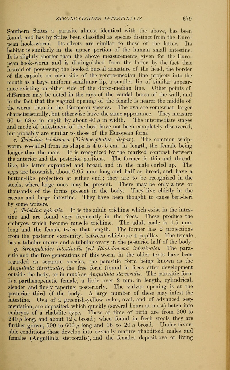 Southern States a parasite almost identical with the above, has been found, and has by Stiles been classified as species distinct from the Euro- pean hook-worm. Its effects are similar to those of the latter. Its habitat is similarly in the upper portion of the human small intestine. It is slightly shorter than the above measurements given for the Euro- pean hook-worm and is distinguished from the latter by the fact that instead of possessing the hooked buccal armature of the head, the border of the capsule on each side of the ventro-median line projects into the mouth as a large uniform semilunar lip, a smaller lip of similar appear- ance existing on either side of the dorso-median line. Other points of difference may be noted in the rays of the caudal bursa of the wall, and in the fact that the vaginal opening of the female is nearer the middle of the worm than in the European species. The ova are somewhat larger characteristically, but otherwise have the same appearance. They measure 60 to 68 [J. in length by about 40 // in width. The intermediate stages and mode of infestment of the host have not been completely discovered, but probably are similar to those of the European form. e. Trichinis trichinora (IVichoeephalus dispar). The common whip- worm, so-called from its shape is 4 to 5 cm. in length, the female being longer than the male. It is recognized by the marked contrast between the anterior and the posterior portions. The former is thin and thread- like, the latter expanded and broad, and in the male curled up. The eggs are brownish, about 0.05 mm. long and half as broad, and have a button-like projection at either end ; they are to be recognized in the stools, where large ones may be present. There may be only a few or thousands of the forms present in the body. They live chiefly in the caecum and large intestine. They have been thought to cause beri-beri by some writers. /. Trichina spiralis. It is the adult trichinae which exist in the intes- tine and are found very frequently in the feces. These produce the embryos, which become muscle trichina?. The adult male is 1.5 mm. long and the female twice that length. The former has 2 projections from the posterior extremity, between which are 4 papillae. The female has a tubular uterus and a tubular ovary in the posterior half of the body. g. Strongyloides intestinalis (vel Rhabdonema intestinale). The para- sitic and the free generations of this worm in the older texts have been regarded as separate species, the parasitic form being known as the Anguillula intestinalis, the free form (found in feces after development outside the body, or in mud) as Anguillula stercoralis. The parasitic form is a parthenogenetic female, a little over 2 mm. in length, cylindrical, slender and finely tapering posteriorly. The vulvar opening is at the posterior third of the body. A large number of these may infest the intestine. Ova of a greenish-yellow color, oval, and of advanced seg- mentation, are deposited, which quickly (several hours at most) hatch into embryos of a rhabdite type. These at time of birth are from 200 to 240fj. long, and about 12// broad; when found in fresh stools they are further grown, 500 to 600// long and 16 to 20// broad. Under favor- able conditions these develop into sexually mature rhabditoid males and females (Anguillula stercoralis), and the females deposit ova or living