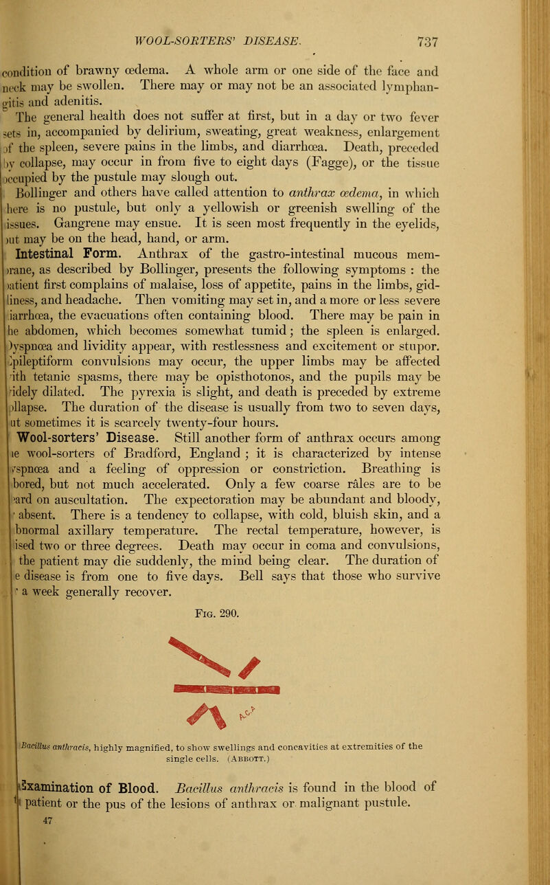 condition of brawny oedema. A whole arm or one side of the face and neck may be swollen. There may or may not be an associated lymphan- gitis and adenitis. The general health does not suffer at first, but in a day or two fever sets in, accompanied by delirium, sweating, great weakness, enlargement of the spleen, severe pains in the limbs, and diarrhoea. Death, preceded | bv collapse, may occur in from five to eight days (Fagge), or the tissue | (ccupied by the pustule may slough out. Bollinger and others have called attention to anthrax oedema, in which here is no pustule, but only a yellowish or greenish swelling of the issues. Gangrene may ensue. It is seen most frequently in the eyelids, nit may be on the head, hand, or arm. Intestinal Form. Anthrax of the gastro-intestinal mucous mem- >rane, as described by Bollinger, presents the following symptoms : the atient first complains of malaise, loss of appetite, pains in the limbs, gid- liness, and headache. Then vomiting may set in, and a more or less severe iarrhoea, the evacuations often containing blood. There may be pain in he abdomen, which becomes somewhat tumid; the spleen is enlarged. )yspncea and lividity appear, with restlessness and excitement or stupor. Epileptiform convulsions may occur, the upper limbs may be affected ith tetanic spasms, there may be opisthotonos, and the pupils may be 'idely dilated. The pyrexia is slight, and death is preceded by extreme se. The duration of the disease is usually from two to seven days, ut sometimes it is scarcely twenty-four hours. Wool-sorters' Disease. Still another form of anthrax occurs among le wool-sorters of Bradford, England ; it is characterized by intense fspnoea and a feeling of oppression or constriction. Breathing is bored, but not much accelerated. Only a few coarse rales are to be >ard on auscultation. The expectoration may be abundant and bloody, • absent. There is a tendency to collapse, with cold, bluish skin, and a bnormal axillary temperature. The rectal temperature, however, is ised two or three degrees. Death may occur in coma and convulsions, the patient may die suddenly, the mind being clear. The duration of e disease is from one to five days. Bell says that those who survive r a week generally recover. Bacillus anthracis, highly magnified, to show swellings and concavities at extremities of the single cells. (Abbott.) iSxamination of Blood. Bacillus anthracis is found in the blood of patient or the pus of the lesions of anthrax or. malignant pustule.