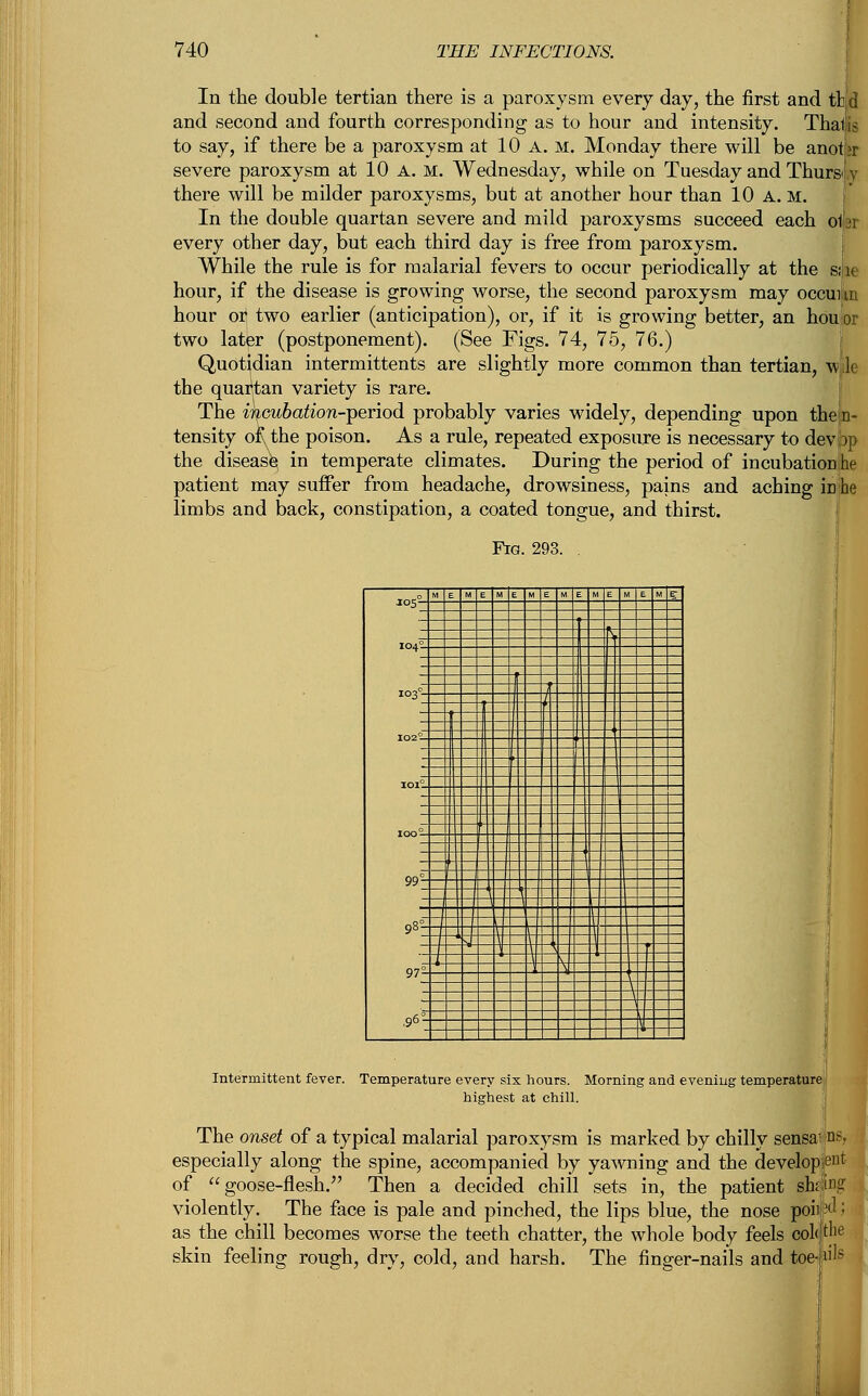 In the double tertian there is a paroxysm every day, the first and thi'd and second and fourth corresponding as to hour and intensity. Thalis to say, if there be a paroxysm at 10 A. M. Monday there will be anotjsr severe paroxysm at 10 A. M. Wednesday, while on Tuesday and Thursly there will be milder paroxysms, but at another hour than 10 A. M. In the double quartan severe and mild paroxysms succeed each ol m every other day, but each third day is free from paroxysm. While the rule is for malarial fevers to occur periodically at the s; u hour, if the disease is growing worse, the second paroxysm may occuni hour or two earlier (anticipation), or, if it is growing better, an hou o> two later (postponement). (See Figs. 74, 75, 76.) Quotidian intermittents are slightly more common than tertian, w fa the quartan variety is rare. The ihcubation-iperiod probably varies widely, depending upon thein- tensity of, the poison. As a rule, repeated exposure is necessary to devjbp the disease^ in temperate climates. During the period of incubation he patient may suffer from headache, drowsiness, pains and aching in he limbs and back, constipation, a coated tongue, and thirst. Fig. 293. . M F _MEM  E M E M |M E M E M 5 L53_ 98°- T Intermittent fever. Temperature every six hours. Morning and evening temperature highest at chill. The onset of a typical malarial paroxysm is marked by chilly sen.sa|ns, especially along the spine, accompanied by yawning and the develop .ent of goose-flesh. Then a decided chill sets in, the patient sluing violently. The face is pale and pinched, the lips blue, the nose poiip ! as the chill becomes worse the teeth chatter, the whole body feels col< the skin feeling rough, dry, cold, and harsh. The finger-nails and toe- lik