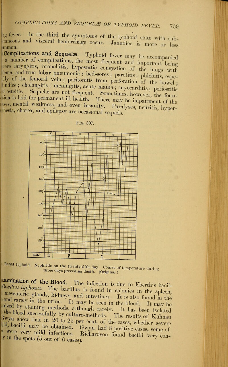 ,o. fever. In the third the symptoms of the typhoid state wit]) sub- fcaneous and visceral hemorrhage occur. Jaundice is more or kw« mnion. M s Complications and Sequels Typhoid fever may be accompanied a number of complications the most frequent and important beill ,ere laryngitis bronchitis, hypostatic congestion of the lungs with ema, and true lobar pneumonia; bed-sores; parotitis; phlebitis, espe- ily of the femoral vein ; peritonitis from perforation of the bowel • hndice; cholangitis; meningitis, acute mania; myocarditis; periostitis osteitis, Sequela, are not frequent. Sometimes, however^, the foun- tion is laid for permanent ill health. There may be impairment of the ,ses, mental weakness and even insanity. Paralyses, neuritis, hyper- ohesia, chorea, and epilepsy are occasional sequels. L Fig. 307. _| r-ijL -. = .. • e ■  « 107 z 106- -— = =t — — —~~~ 1 '~J—r J ——~—~z^r: — - [-—Jl^-P—- iEEEEE JJ J. : J 104° 1—f[-(-—o-- — — + 1— = ±3eB==3===::^=== I0^~~^ifr~} ^z^TJi-^H^r-— :===== -^__bt|=—L °iEJz ~ElE -—1—1—pt+fc H \\\—r*11 bz Date « S £5 ^ Renal typhoid. Nephrh*; on the twenty-fifth day. Course of temperature during three days preceding death. (Original.) ammation of the Blood. The infection is due to Eberth's bacil- Ba^mf!/phosull The baciUns ig found co  b£U ES? i^f6' Wdne^ md intesti™s- » » I- found ! the toe Wood .successfully by culture-methods. The results of Kuhnau 7Llll W K™ 1° to *? PCT Cent 0f the cas-> wh^ ^vere were vervmay'ue ■ JT1 S7 had 8 Positi™ cas^ s^ * were very m,ld mfections. Richardson found bacilli very con- V m the spots (5 out of 6 cases). J