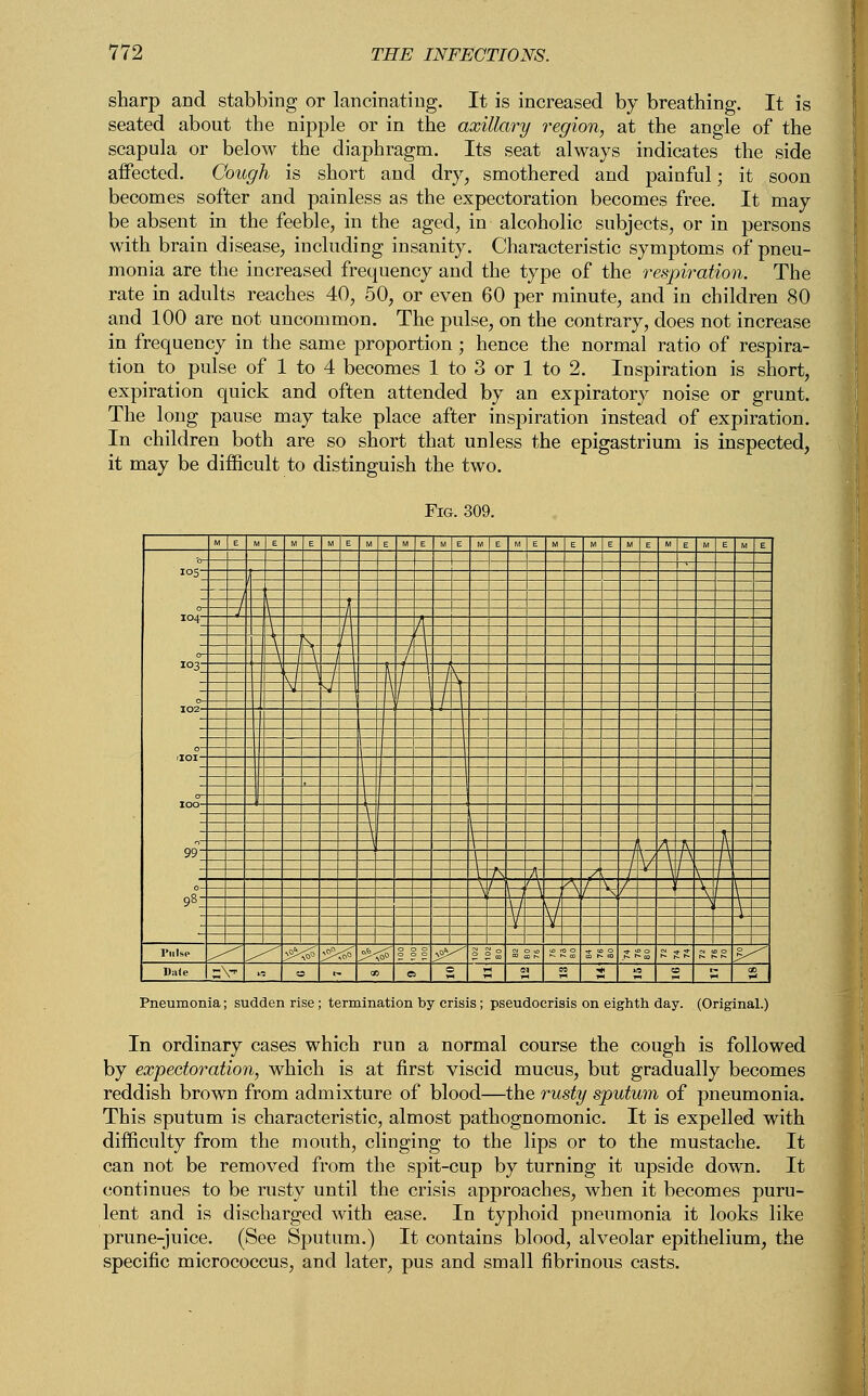 sharp and stabbing or lancinating. It is increased by breathing. It is seated about the nipple or in the axillary region, at the angle of the scapula or below the diaphragm. Its seat always indicates the side affected. Cough is short and dry, smothered and painful; it soon becomes softer and painless as the expectoration becomes free. It may be absent in the feeble, in the aged, in alcoholic subjects, or in persons with brain disease, including insanity. Characteristic symptoms of pneu- monia are the increased frequency and the type of the respiration. The rate in adults reaches 40, 50, or even 60 per minute, and in children 80 and 100 are not uncommon. The pulse, on the contrary, does not increase in frequency in the same proportion; hence the normal ratio of respira- tion to pulse of 1 to 4 becomes 1 to 3 or 1 to 2. Inspiration is short, expiration quick and often attended by an expiratory noise or grunt. The long pause may take place after inspiration instead of expiration. In children both are so short that unless the epigastrium is inspected, it may be difficult to distinguish the two. Fig. 309. ios 1 —| __Z3._t 98: =3- Pflff Ditte f-V a a t. od a g 5SSS2SS Pneumonia; sudden rise; termination by crisis; pseudocrisis on eighth day. (Original.) In ordinary cases which run a normal course the cough is followed by expectoration, which is at first viscid mucus, but gradually becomes reddish brown from admixture of blood—the rusty sputum of pneumonia. This sputum is characteristic, almost pathognomonic. It is expelled with difficulty from the mouth, clinging to the lips or to the mustache. It can not be removed from the spit-cup by turning it upside down. It continues to be rusty until the crisis approaches, when it becomes puru- lent and is discharged with ease. In typhoid pneumonia it looks like prune-juice. (See Sputum.) It contains blood, alveolar epithelium, the specific micrococcus, and later, pus and small fibrinous casts.