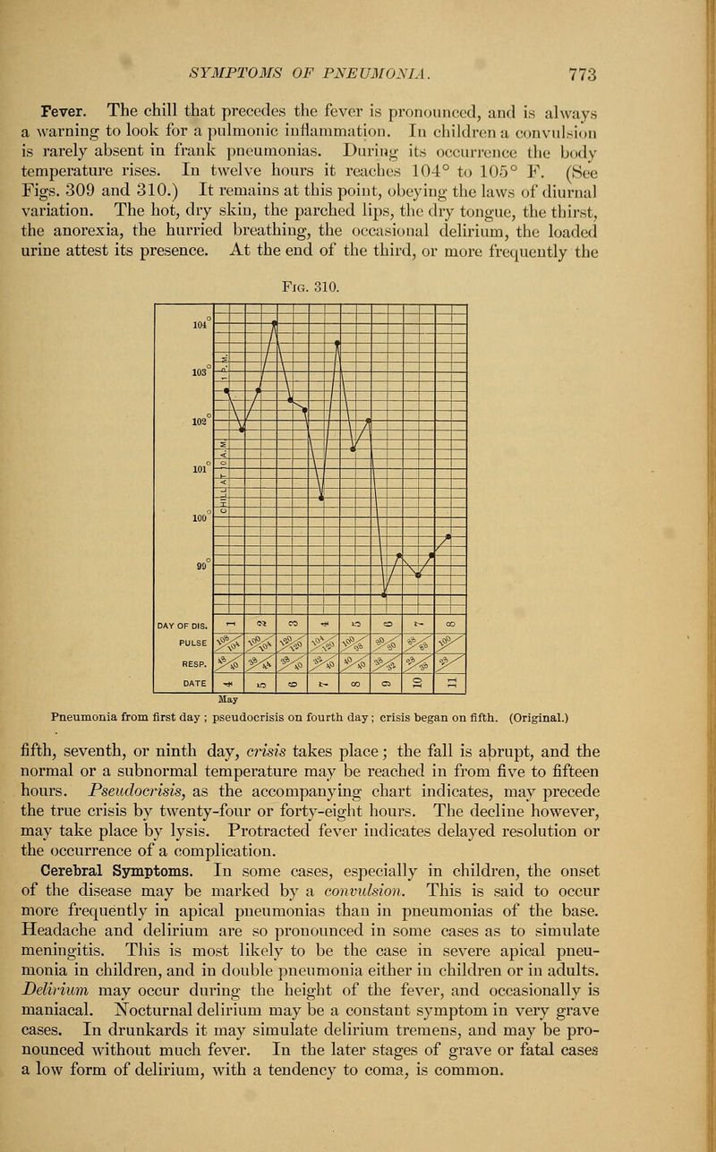 Fever. The chill that precedes the fever is pronounced, and is always a warning to look for a pulmonic inflammation. In children a convulsion is rarely absent in frank pneumonias. During- its occurrence the body temperature rises. In twelve hours it reaches 104° to 105° F. (See Figs. 309 and 310.) It remains at this point, obeying the laws of diurnal variation. The hot, dry skin, the parched lips, the dry tongue, the thirst, the anorexia, the hurried breathing, the occasional delirium, the loaded urine attest its presence. At the end of the third, or more frequently the Fig 310 103° 102° 100° 99° DAY OF DIS. PULSE DATE / / i / \ \ \ -^ \ t \ \ \ % \ — a i \ \ ) 1 \ \ \ \ \ f ? / \. { \ - N CO tH us o t- CO V'V ?&$>■ i%£ f4 ■P6 f4 -. ^ $4 ?<- f4 -p4 ^4 *4 '* */ <« » • t- co o s s Pneumonia from first day ; pseudocrisis on fourth d s began on fifth. (Original.) fifth, seventh, or ninth day, crisis takes place; the fall is abrupt, and the normal or a subnormal temperature may be reached in from five to fifteen hours. Pseudocrisis, as the accompanying chart indicates, may precede the true crisis by twenty-four or forty-eight hours. The decline however, may take place by lysis. Protracted fever indicates delayed resolution or the occurrence of a complication. Cerebral Symptoms. In some cases, especially in children, the onset of the disease may be marked by a convulsion. This is said to occur more frequently in apical pneumonias than in pneumonias of the base. Headache and delirium are so pronounced in some cases as to simulate meningitis. This is most likely to be the case in severe apical pneu- monia in children, and in double pneumonia either in children or in adults. Delirium may occur during the height of the fever, and occasionally is maniacal. Nocturnal delirium may be a constant symptom in very grave cases. In drunkards it may simulate delirium tremens, and may be pro- nounced without much fever. In the later stages of grave or fatal cases a low form of delirium, with a tendency to coma, is common.