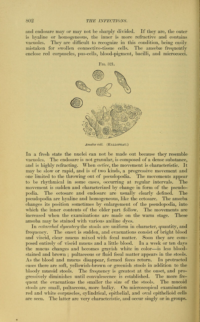 and endosarc may or may not be sharply divided. If they are, the outer is hyaline or homogeneous, the inner is more refractive and contains vacuoles. They are difficult to recognize in this condition, being easily mistaken for swollen connective-tissue cells. The amcebse frequently enclose red corpuscles, pus-cells, blood-pigment, bacilli, and micrococci. Amcebas colt. (Hallopeau.) In a fresh state the nuclei can not be made out because they resemble vacuoles. The endosarc is not granular, is composed of a dense substance, and is highly refracting. When active, the movement is characteristic. It may be slow or rapid, and is of two kinds, a progressive movement and one limited to the throwing out of pseudopodia. The movements appear to be rhythmical in some cases, occurring at regular intervals. The movement is sudden and characterized by change in form of the pseudo- podia. The ectosarc and endosarc are usually clearly defined. The pseudopodia are hyaline and homogeneous, like the ectosarc. The amoeba changes its position sometimes by enlargement of the pseudopodia, into which the inner contents of the older part follow. The movements are increased when the examinations are made on the warm stage. These amceba may be stained with various aniline dyes. In catarrhal dysentery the stools are uniform in character, quantity, and frequency. The onset is sudden, and evacuations consist of bright blood and viscid, clear mucus mixed with fecal matter. Soon they are com- posed entirely of viscid mucus and a little blood. In a week or ten days the mucus changes and becomes grayish white in color—is less blood- stained and brown ; pultaceous or fluid fecal matter appears in the stools. As the blood and mucus disappear, formed feces return. In protracted cases there are soft, yellowish-brown or greenish stools in addition to the bloody mucoid stools. The frequency is greatest at the onset, and pro- gressively diminishes until convalescence is established. The more fre- quent the evacuations the smaller the size of the stools. The mucoid stools are small, pultaceous, more bulky. On microscopical examination red and white corpuscles, cylindrical, epithelial, and oval epithelioid cells are seen. The latter are very characteristic, and occur singly or in groups.