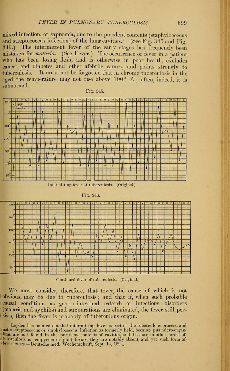 mixed infection, or saprsemia, due to the purulent contents (staphylococcus and streptococcus infection) of the lung cavities.1 (See Fig. 345 and Fig. 346.) The intermittent fever of the early stages has frequently been mistaken for malaria. (See Fever.) The occurrence of fever in a patient who has been losing flesh, and is otherwise in poor health, excludes cancer and diabetes and other afebrile causes, and points strongly to tuberculosis. It must not be forgotten that in chronic tuberculosis in the aged the temperature may not rise above 100° F.; often, indeed, it is subnormal. Fig. 345. Intermitting fever of tuberculosis. (Original.) Fig. 346. ES m Continued fever of tuberculosis. (Original.) We must consider, therefore, that fever, the cause of which is not ! obvious, may be due to tuberculosis; and that if, when such probable i causal conditions as gastro-intestinal catarrh or infectious disorders i (malaria and syphilis) and suppurations are eliminated, the fever still per- i sists, then the fever is probably of tuberculous origin. 1 Leyden has pointed out that intermitting fever is part of the tuberculous process, and :> not a streptococcus or staphylococcus infection as formerly held, because pus micro-organ- >>isms are not found in the purulent contents of cavities, and because in other forms of 11 tuberculosis, as empyema or joint-disease, they are notably absent, and yet such form of 'fever exists.—Deutsche med. Wochenschrift, Sept. 14, 1894.