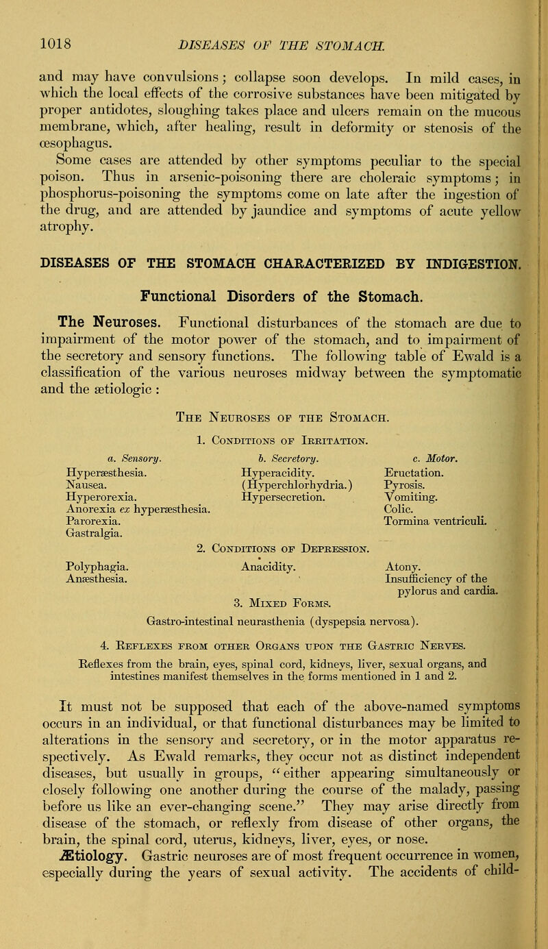 and may have convulsions; collapse soon develops. In mild cases, in which the local effects of the corrosive substances have been mitigated by- proper antidotes, sloughing takes place and ulcers remain on the mucous membrane, which, after healing, result in deformity or stenosis of the oesophagus. Some cases are attended by other symptoms peculiar to the special poison. Thus in arsenic-poisoning there are choleraic symptoms; in phosphorus-poisoning the symptoms come on late after the ingestion of the drug, and are attended by jaundice and symptoms of acute yellow atrophy. DISEASES OF THE STOMACH CHARACTERIZED BY INDIGESTION. Functional Disorders of the Stomach. The Neuroses. Functional disturbances of the stomach are due to impairment of the motor power of the stomach, and to impairment of the secretory and sensory functions. The following table of Ewald is a classification of the various neuroses midway between the symptomatic and the setiologic: The Neuroses of the Stomach. 1. Conditions of Irritation. a. Sensory. b. Secretory. c. Motor. Hyperesthesia. Hyperacidity. Eructation. Nausea. (Hyperchlorhydria.) Pyrosis. Hyperorexia. Hypersecretion. Vomiting. Anorexia ex hyperesthesia. Colic. Parorexia. Tormina ventriculi. Gastralgia. 2. Conditions of Depression. Polyphagia. Anacidity. Atony. Anaesthesia. Insufficiency of the pylorus and cardia. 3. Mixed Forms. Gastrointestinal neurasthenia (dyspepsia nervosa). 4. Keflexes from other Organs upon the Gastric Nerves. Eeflexes from the brain, eyes, spinal cord, kidneys, liver, sexual organs, and intestines manifest themselves in the forms mentioned in 1 and 2. It must not be supposed that each of the above-named symptoms occurs in an individual, or that functional disturbances may be limited to alterations in the sensory and secretory, or in the motor apparatus re- spectively. As Ewald remarks, they occur not as distinct independent diseases, but usually in groups,  either appearing simultaneously or closely following one another during the course of the malady, passing before us like an ever-changing scene. They may arise directly from disease of the stomach, or reflexly from disease of other organs, the brain, the spinal cord, uterus, kidneys, liver, eyes, or nose. etiology. Gastric neuroses are of most frequent occurrence in women, especially during the years of sexual activity. The accidents of child-