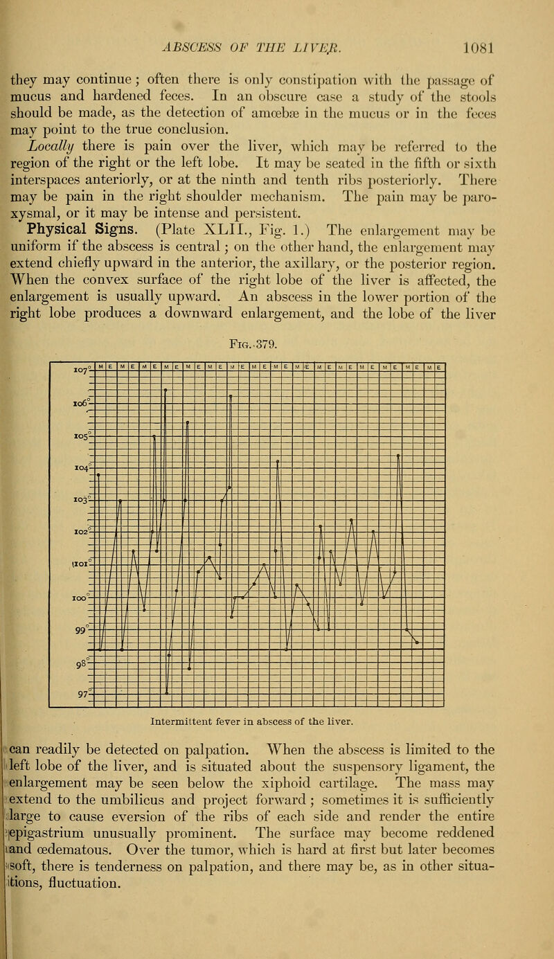 they may continue; often there is only constipation with the passage of mucus and hardened feces. In an obscure case a study of the stools should be made, as the detection of amoebae in the mucus or in the feces may point to the true conclusion. Locally there is pain over the liver, which may be referred to the region of the right or the left lobe. It may be seated in the fifth or sixth interspaces anteriorly, or at the ninth and tenth ribs posteriorly. There may be pain in the right shoulder mechanism. The pain may be paro- xysmal, or it may be intense and persistent. Physical Signs. (Plate XLIL, Fig. 1.) The enlargement may be uniform if the abscess is central; on the other hand, the enlargement may extend chiefly upward in the anterior, the axillary, or the posterior region. When the convex surface of the right lobe of the liver is affected, the enlargement is usually upward. An abscess in the lower portion of the right lobe produces a downward enlargement, and the lobe of the liver Intermittent fever in abscess of the liver. can readily be detected on palpation. When the abscess is limited to the left lobe of the liver, and is situated about the suspensory ligament, the enlargement may be seen below the xiphoid cartilage. The mass may extend to the umbilicus and project forward; sometimes it is sufficiently ilarge to cause eversion of the ribs of each side and render the entire |epigastrium unusually prominent. The surface may become reddened iiand cedematous. Over the tumor, which is hard at first but later becomes ''Soft, there is tenderness on palpation, and there may be, as in other situa- tions, fluctuation.